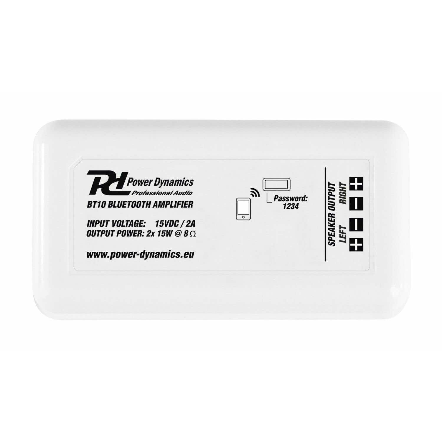 Amplificador Bluetooth blanco Power Dynamics BT10. Texto incluye voltaje, potencia de salida y sitio web. Iconos de teléfono, wifi y salidas de altavoz.