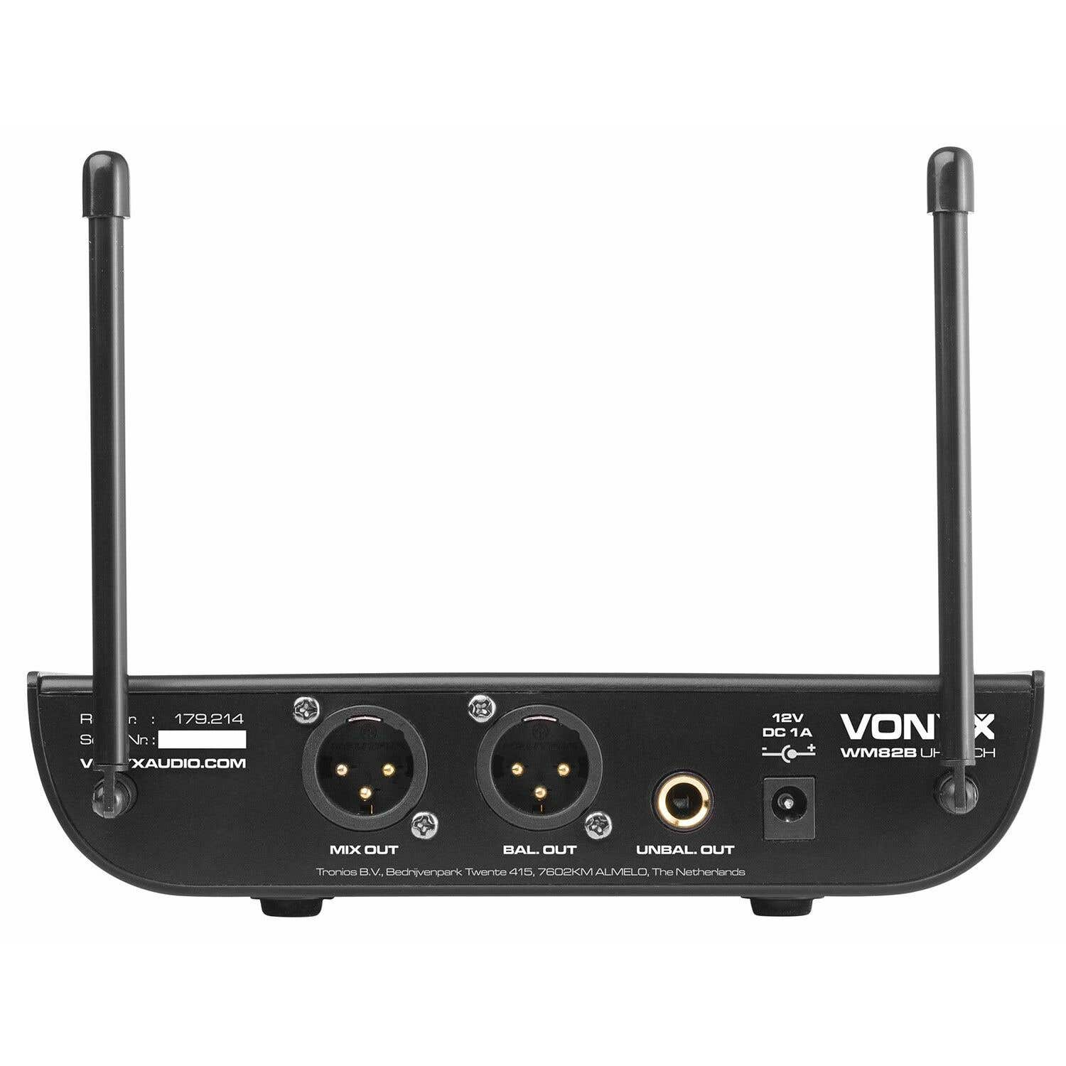 Black audio receiver with two antennas, XLR and 1/4 inch outputs, and power input. The device is labeled VON X.