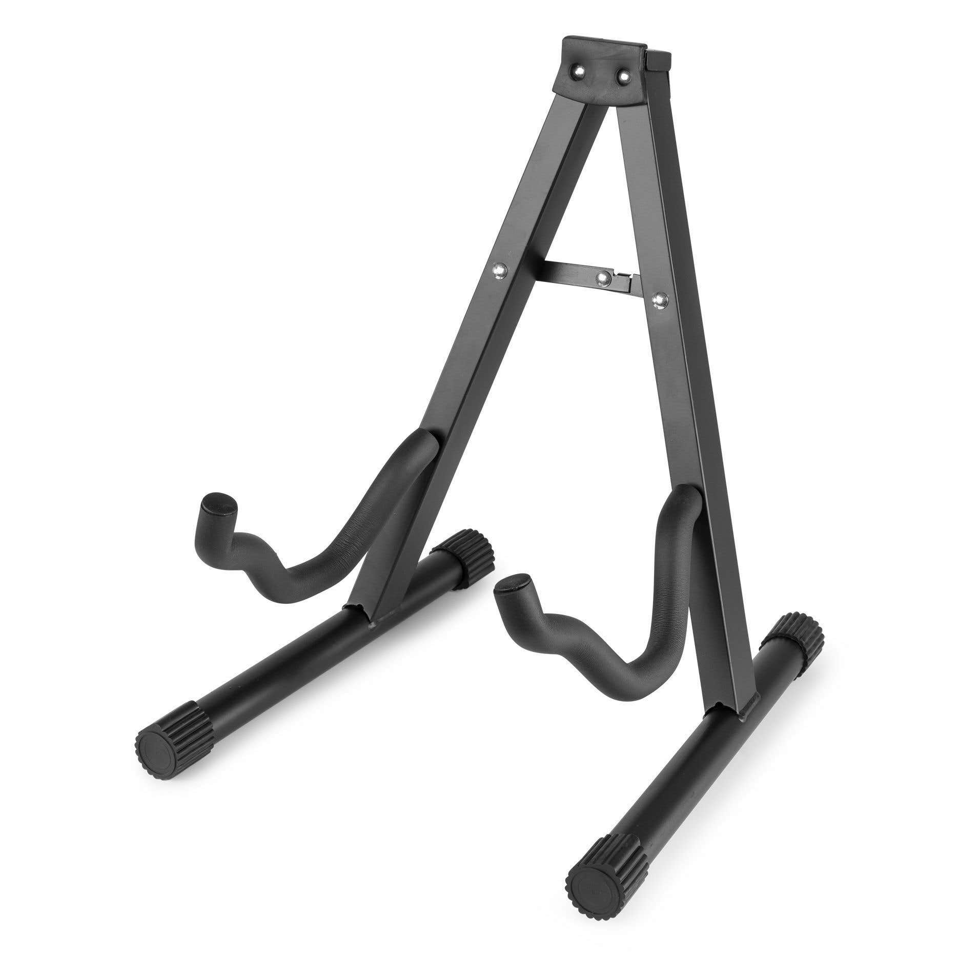 Un soporte de guitarra metálico negro sobre fondo blanco. El soporte tiene dos brazos curvos para sujetar la guitarra.