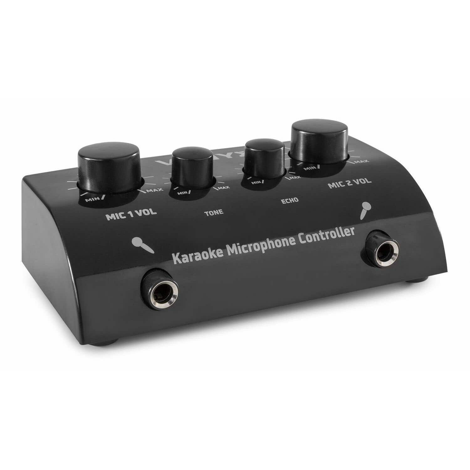 Zwarte karaoke microfoon controller met vier knoppen en twee microfooningang jacks. Tekst: MIC 1 VOL, TONE, ECHO, MIC 2 VOL.