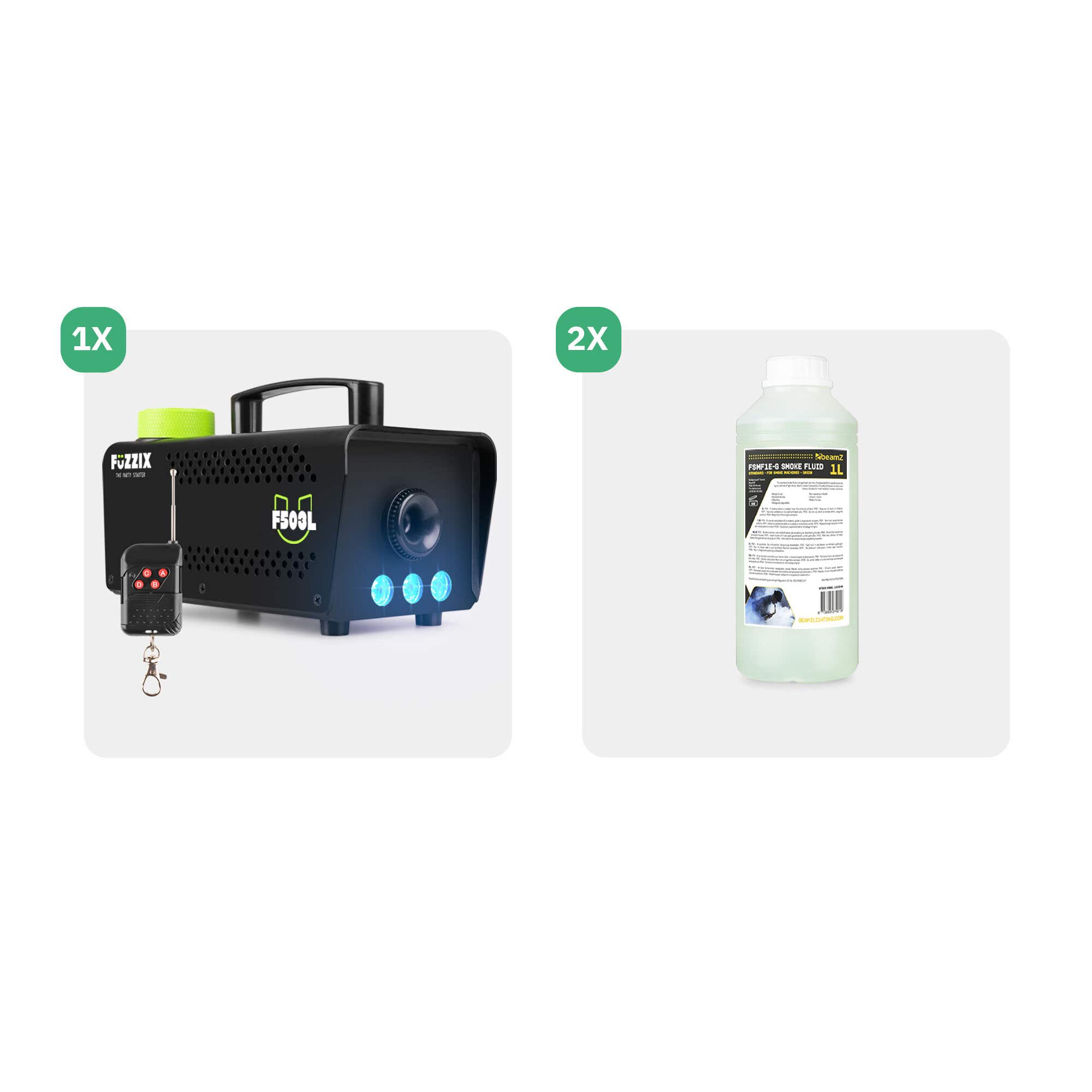 La imagen muestra una máquina de humo negra con control remoto y una botella de líquido de humo. La máquina está etiquetada F503L.