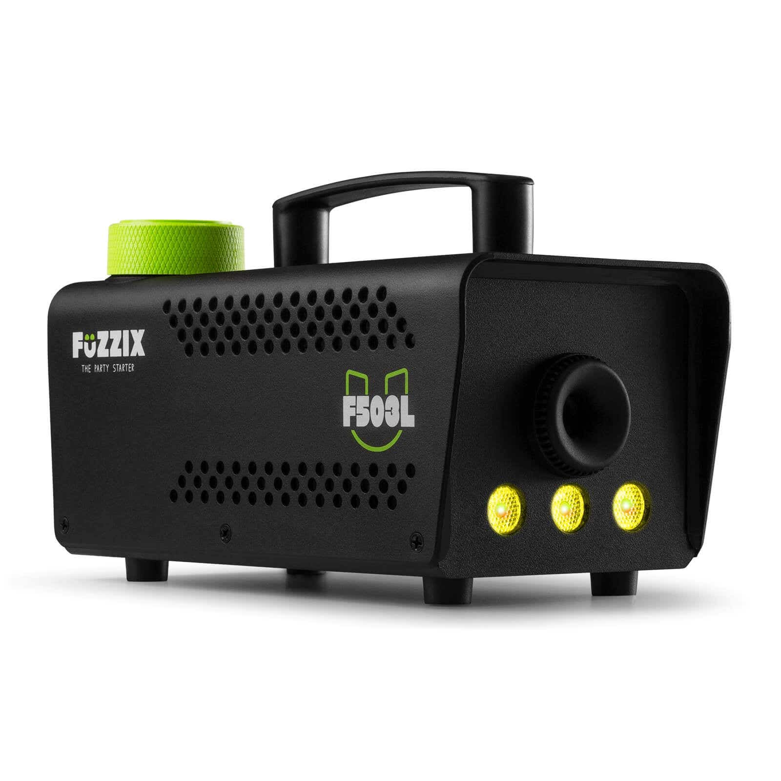 Máquina de niebla negra Fuzzix F500L con detalles verdes, asa y luces. Tiene una parte superior verde y un cuerpo negro.