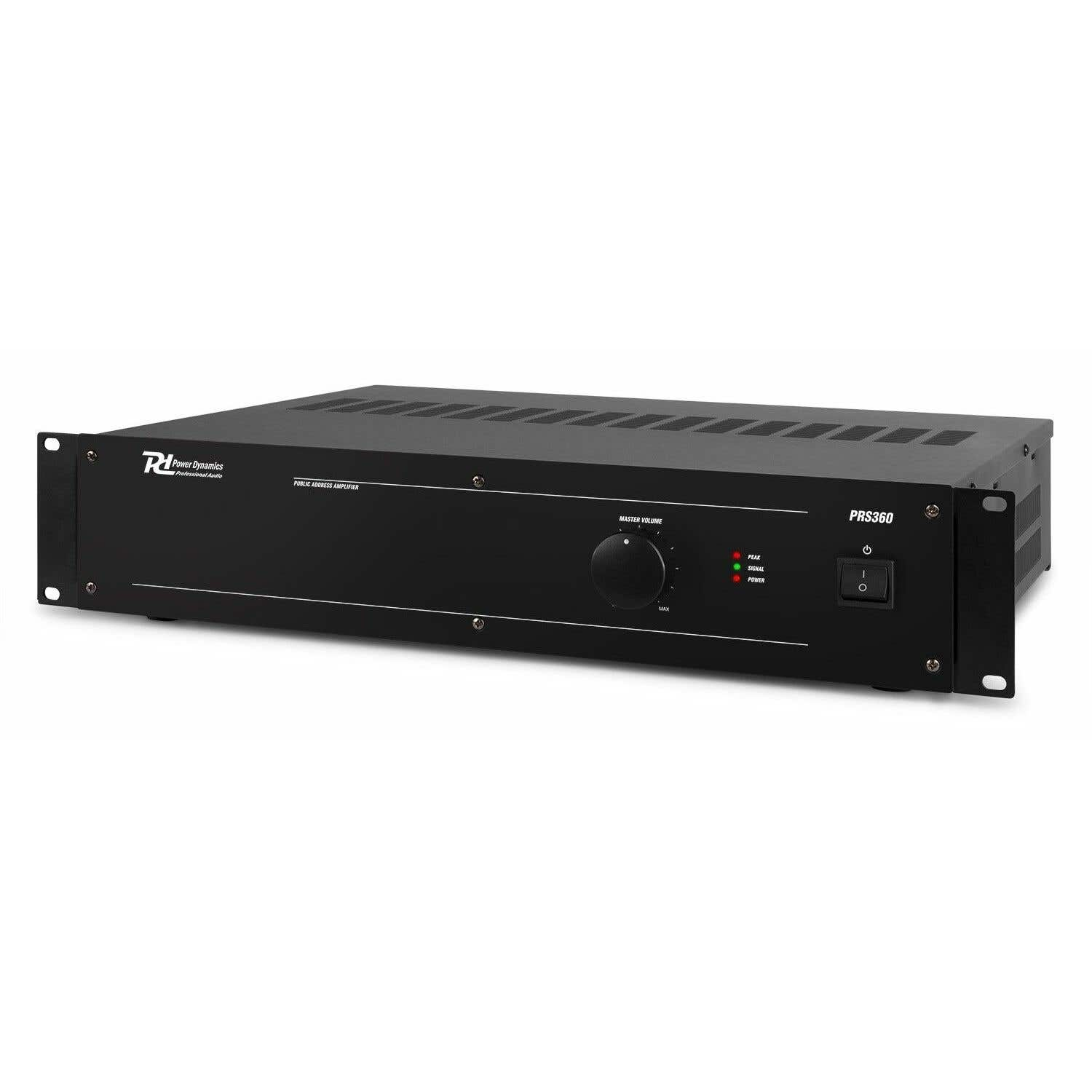 Schwarzer Audioverstärker mit Lautstärkeregler, Ein-/Ausschalter und LED-Anzeigen. Text auf dem Gerät: 'Power Dynamics' und 'PRS360'.