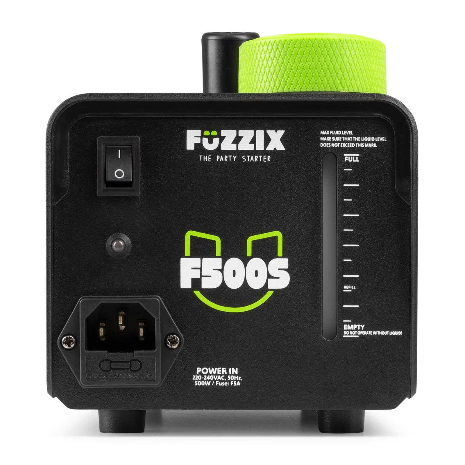Máquina de niebla negra Fuzzix F500S. Tapa verde, interruptor de encendido e indicador de nivel de líquido. Texto: 'The Party Starter'.