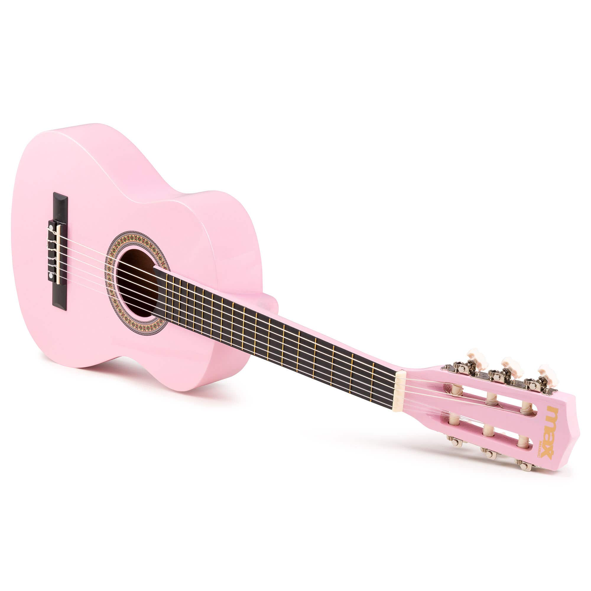 Una guitarra acústica rosa sobre una superficie blanca. La guitarra está en ángulo, mostrando el cuerpo, el mástil, las cuerdas y la pala.