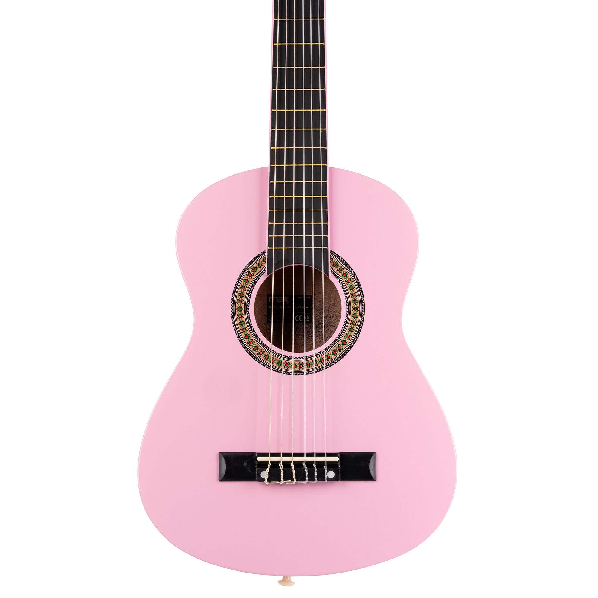 Una guitarra acústica rosa. Tiene trastes y cuerdas negras. La boca tiene un diseño decorativo.