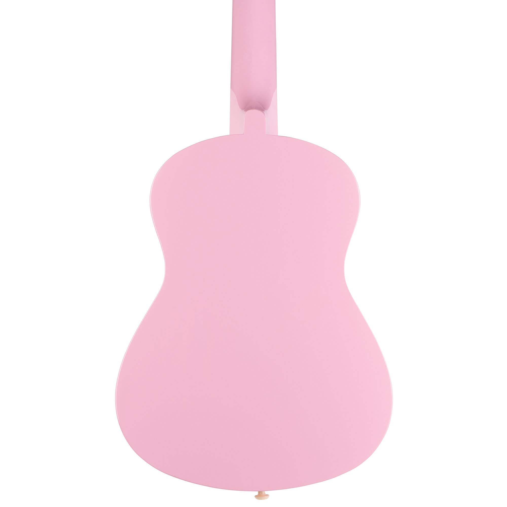 Ukelele rosa, vista trasera. El cuerpo es rosa claro, el mástil es rosa oscuro. Fondo blanco.