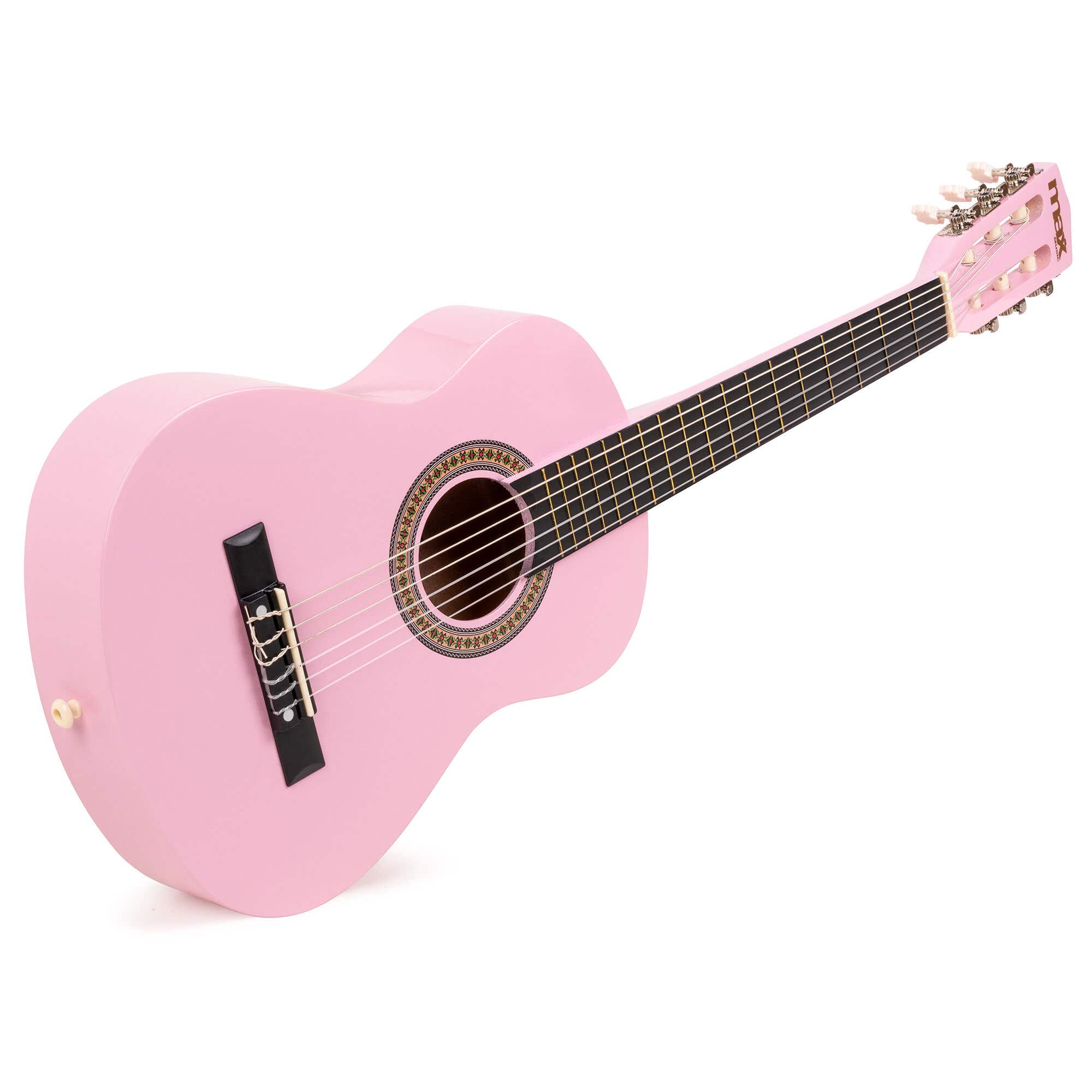 Una guitarra acústica rosa sobre fondo blanco. Tiene una boca redonda y cuerdas negras. El clavijero también es rosa.
