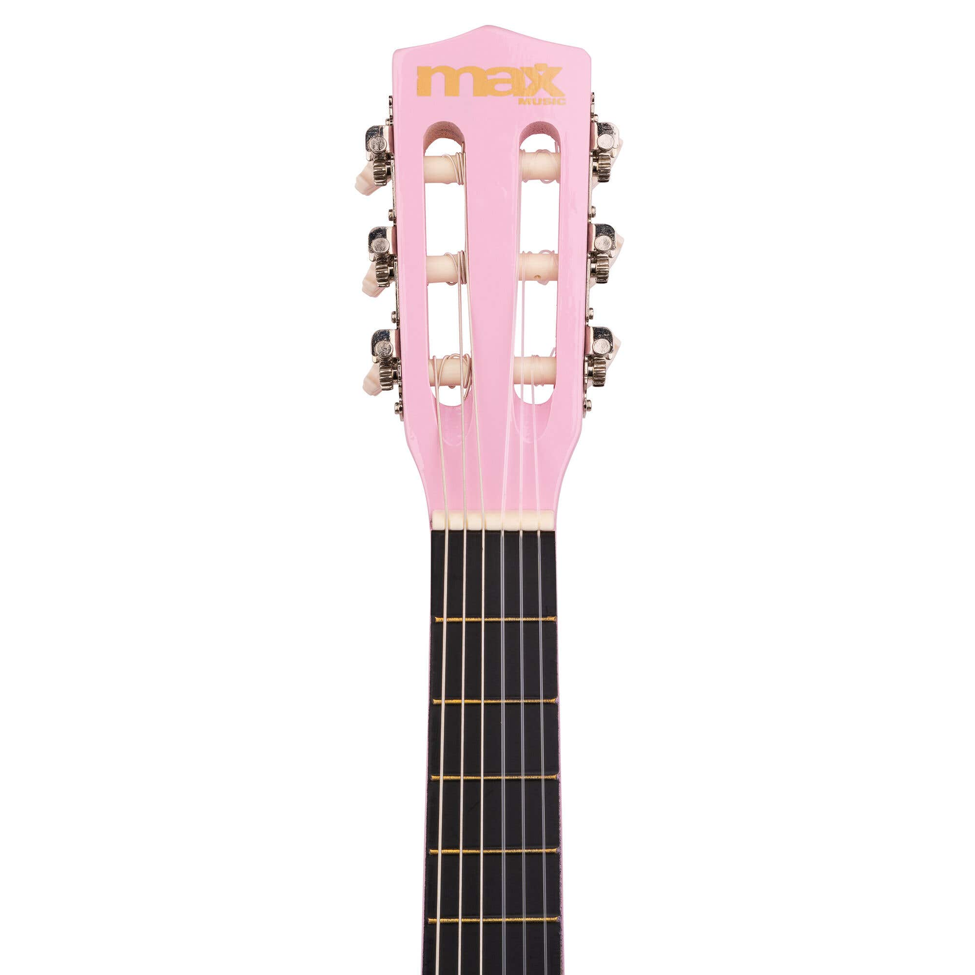Primer plano de un clavijero de guitarra rosa. La marca es 'max' con 'music' debajo. Cuerdas y diapasón visibles.