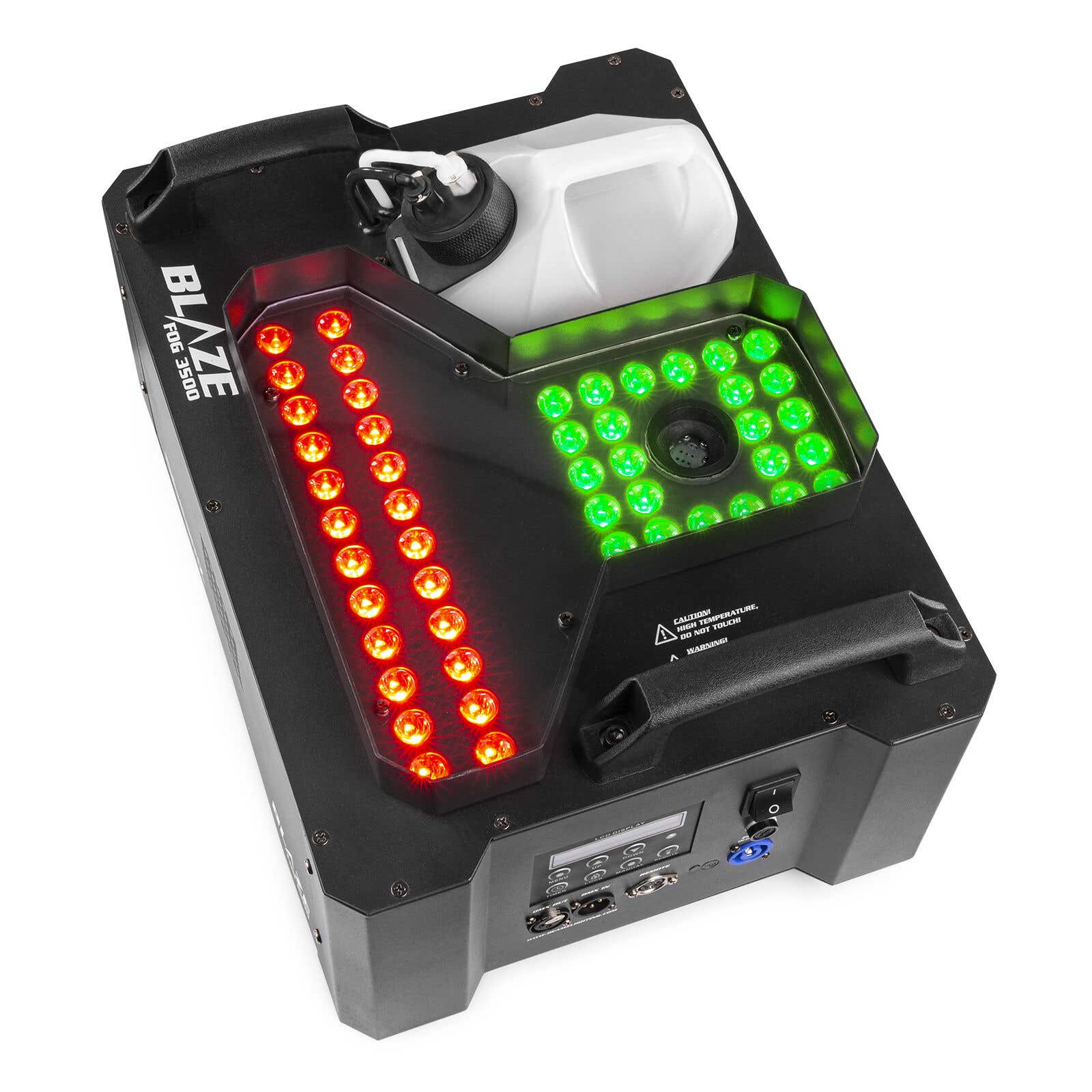 Máquina de humo negra con luces rojas y verdes. Un recipiente blanco de líquido está encima. Se ven señales de advertencia.
