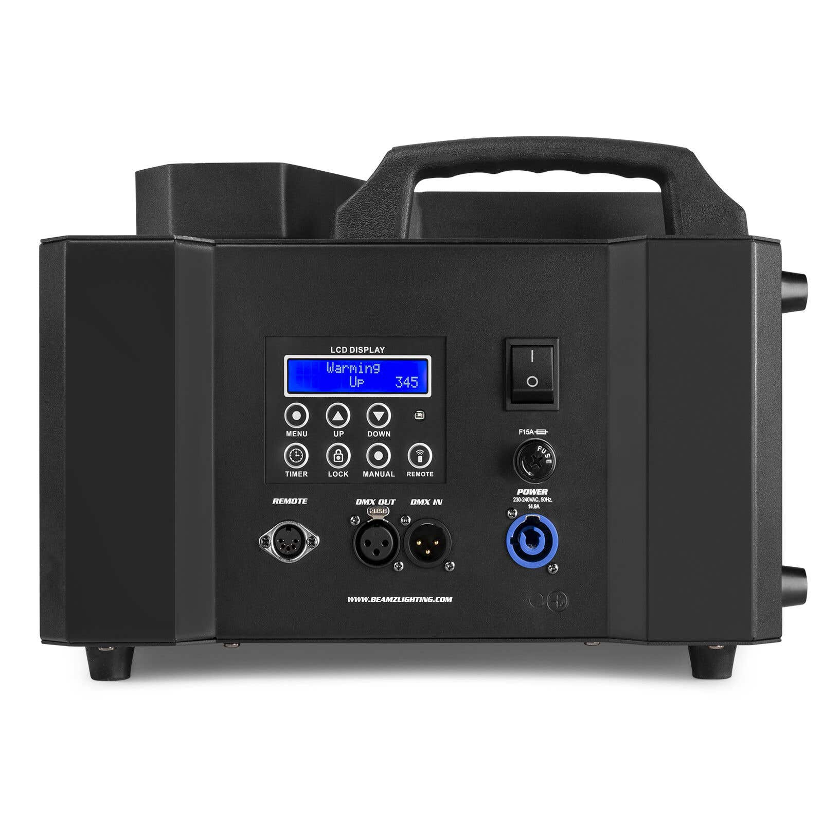 Luz de escenario negra con pantalla LCD que muestra 'Warming Up'. Tiene botones, puertos y asa, con conexiones de alimentación y DMX.