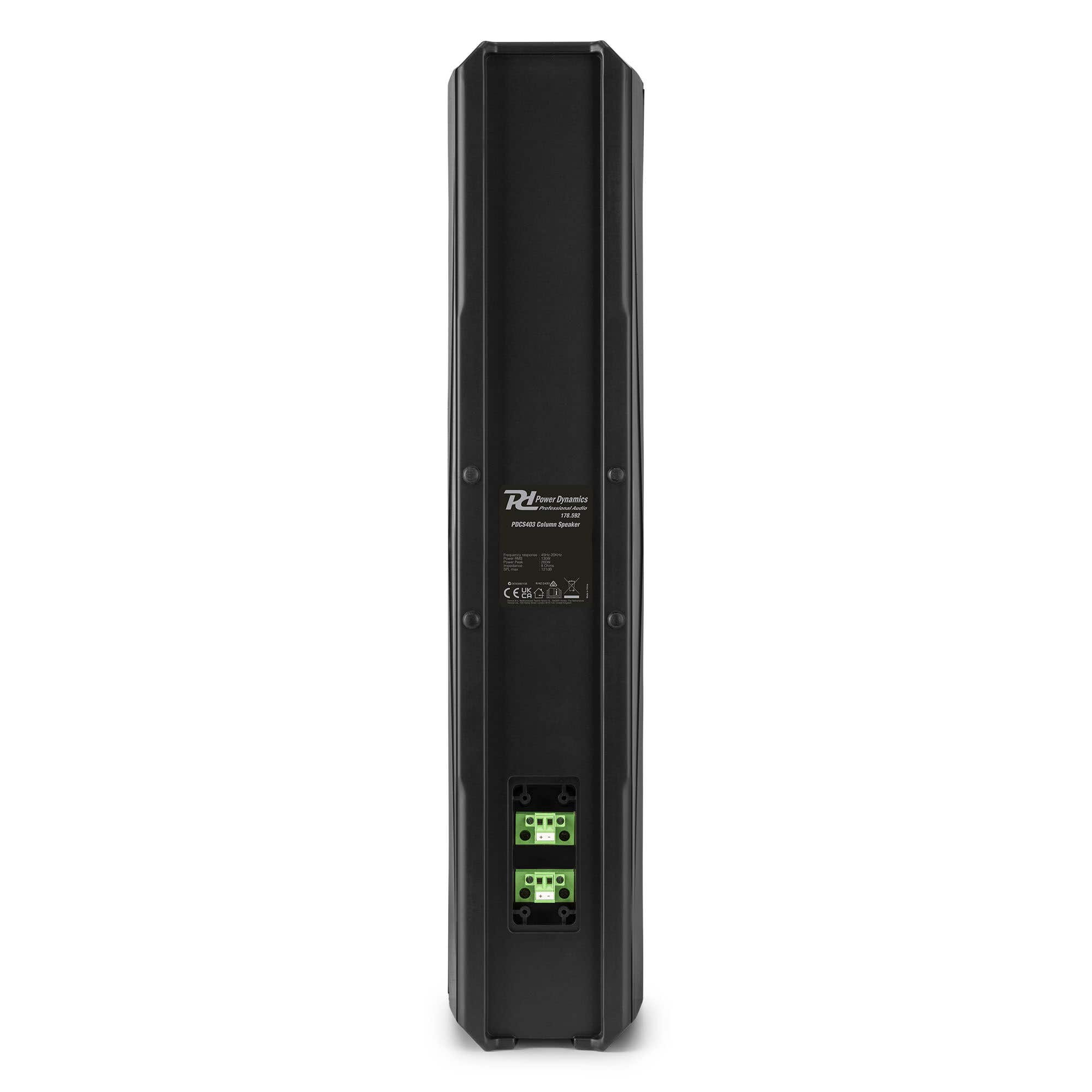 Un altavoz de columna PDCS403 negro. Tiene un logotipo y especificaciones en la parte trasera, con conectores verdes en la base.