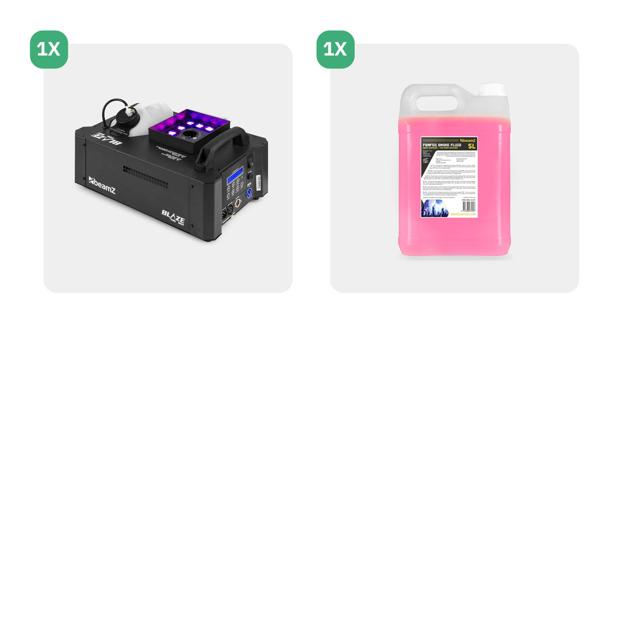 Máquina de niebla negra con luces y controles, junto a un recipiente de líquido de humo rosa.