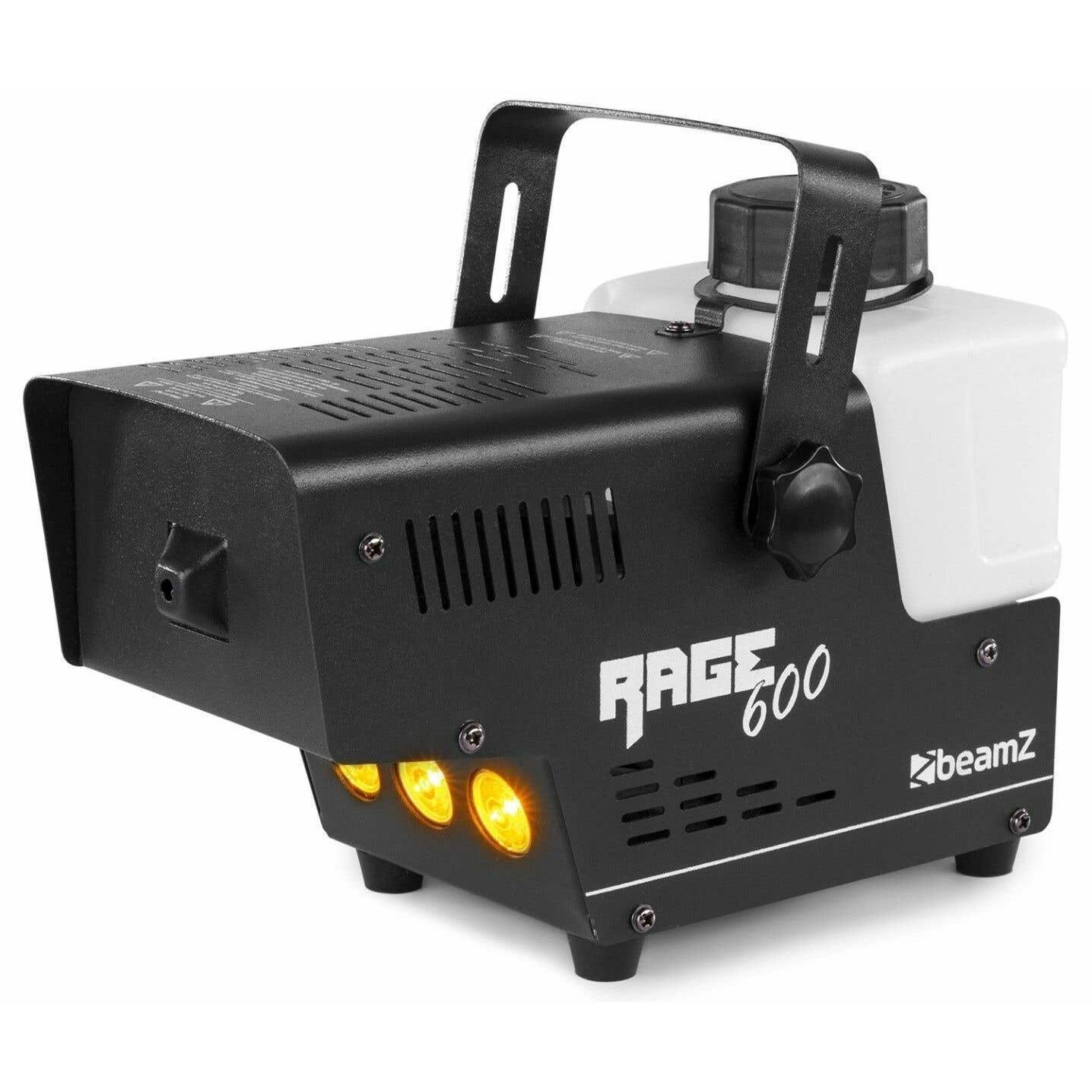 Una máquina de humo negra con la marca Rage 600 y beamZ. Tiene un asa, un depósito de agua y tres luces amarillas.
