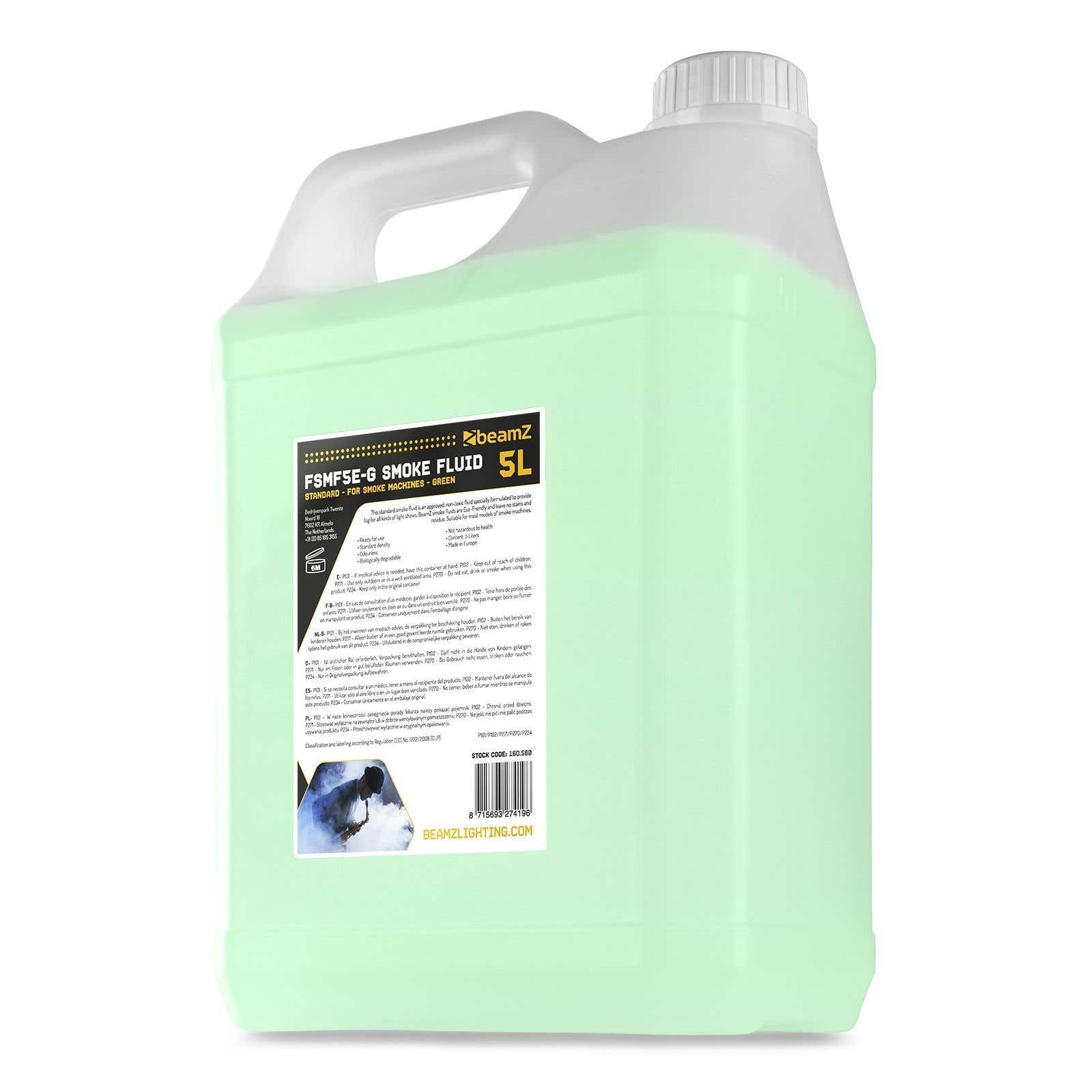 Un envase de 5L de líquido de humo verde, con la marca Beamz y etiquetas de información.