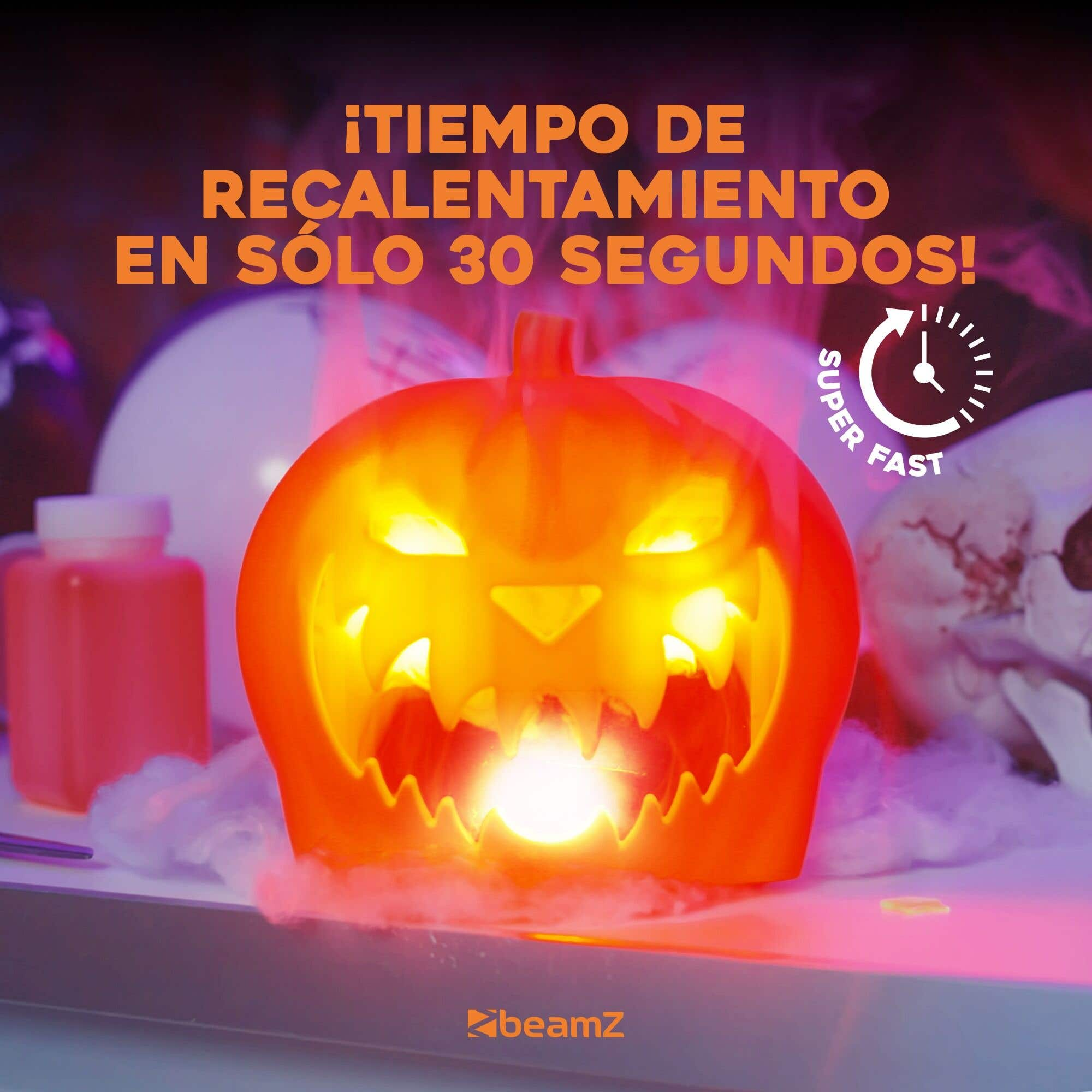 Una calabaza naranja con ojos y boca brillantes. El texto dice "¡Tiempo de recalentamiento en 30 segundos!" con un icono de reloj.
