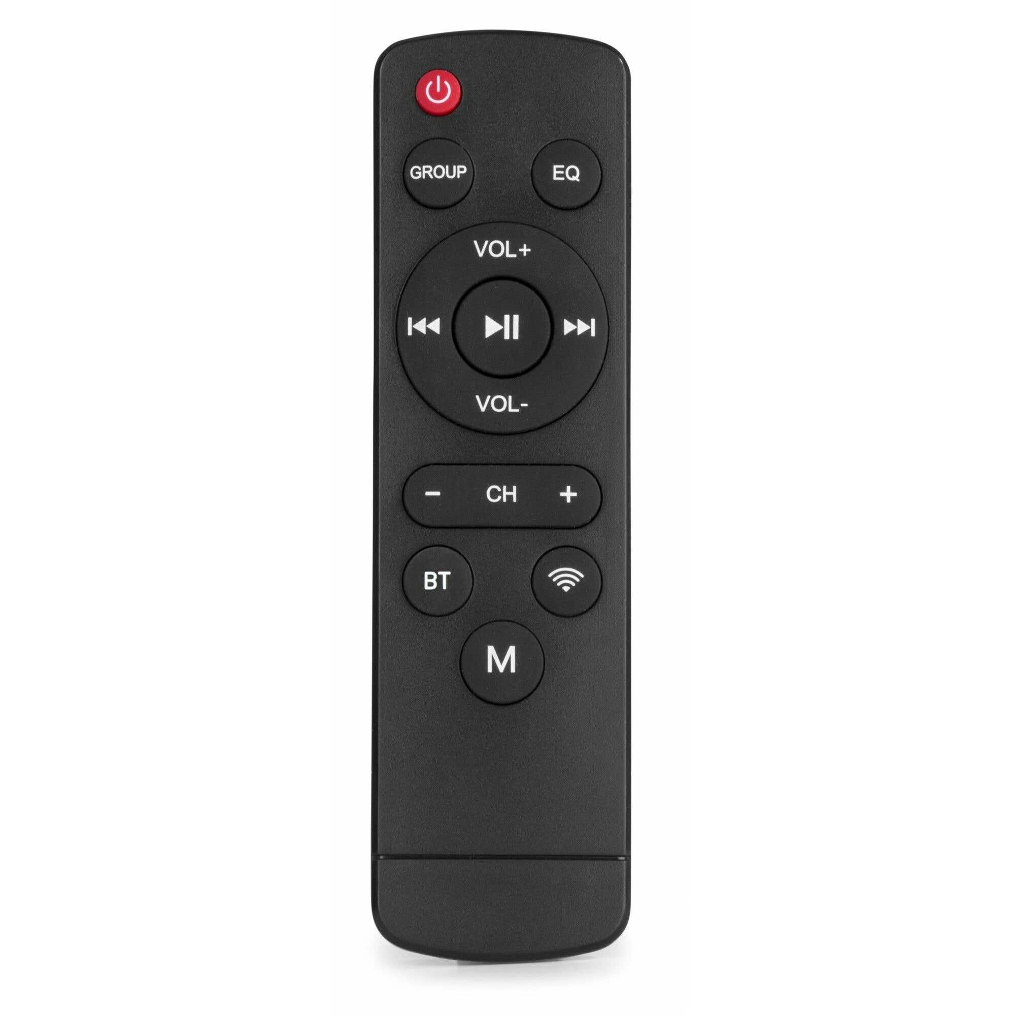 Un mando a distancia negro con varios botones, incluyendo encendido, volumen, canal y Bluetooth, aislado sobre fondo blanco.