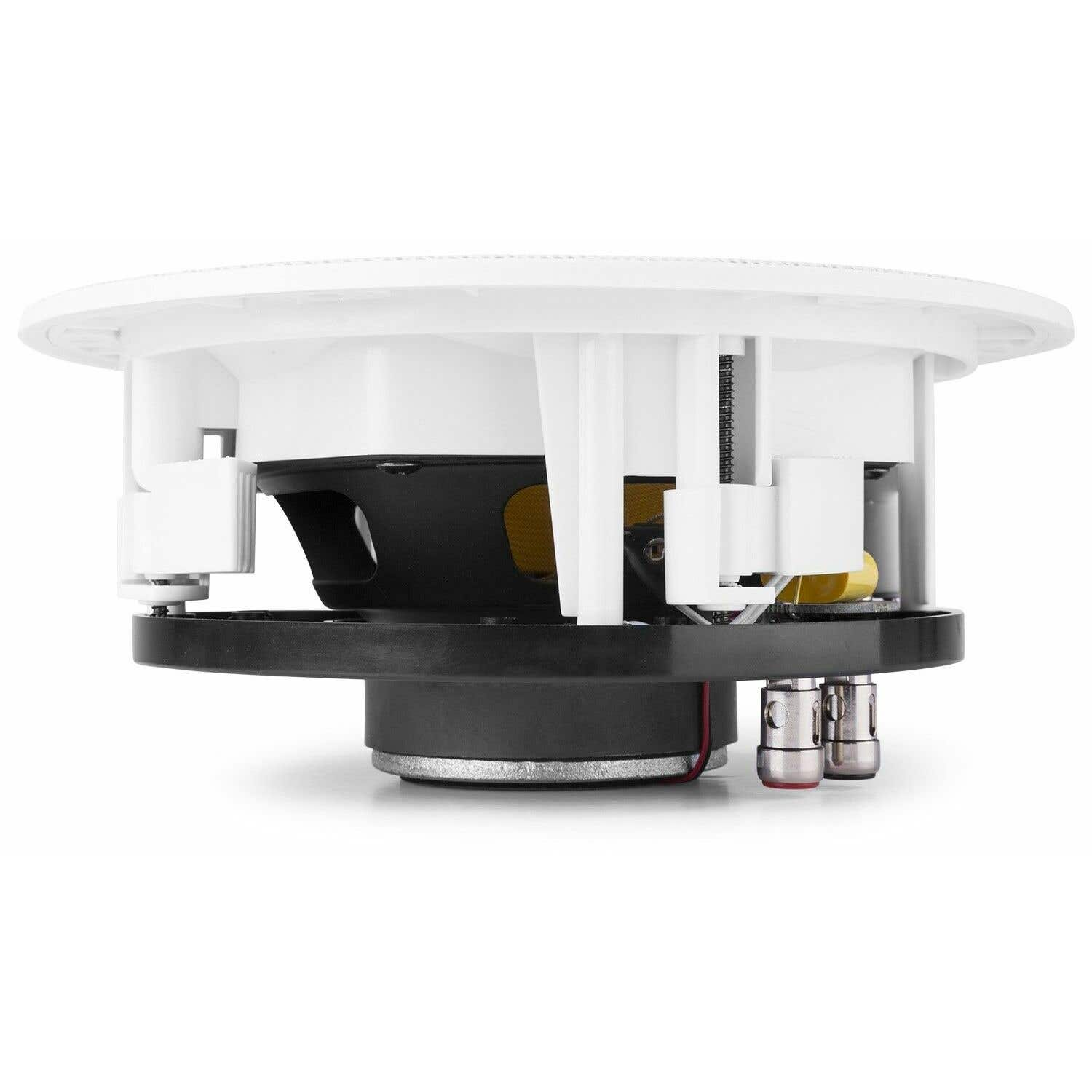 Un altavoz blanco y negro con diseño circular. Tiene una base negra, un marco blanco y varios componentes internos.