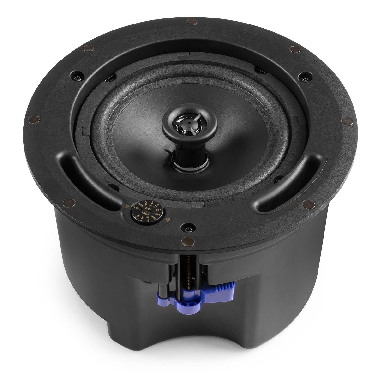 Un altavoz negro de techo con un tweeter central, un woofer circundante y una palanca de ajuste azul.