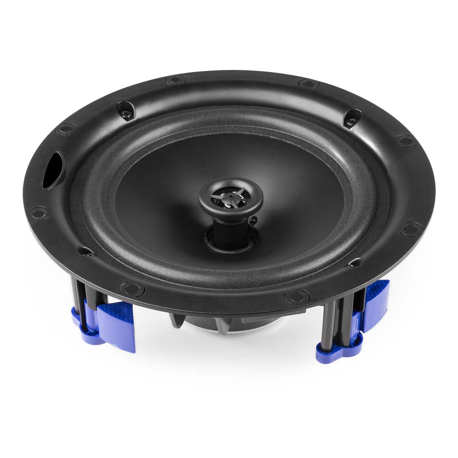 Altavoz negro de techo con cono central y borde circundante. Soportes de montaje azules visibles. Fondo blanco.
