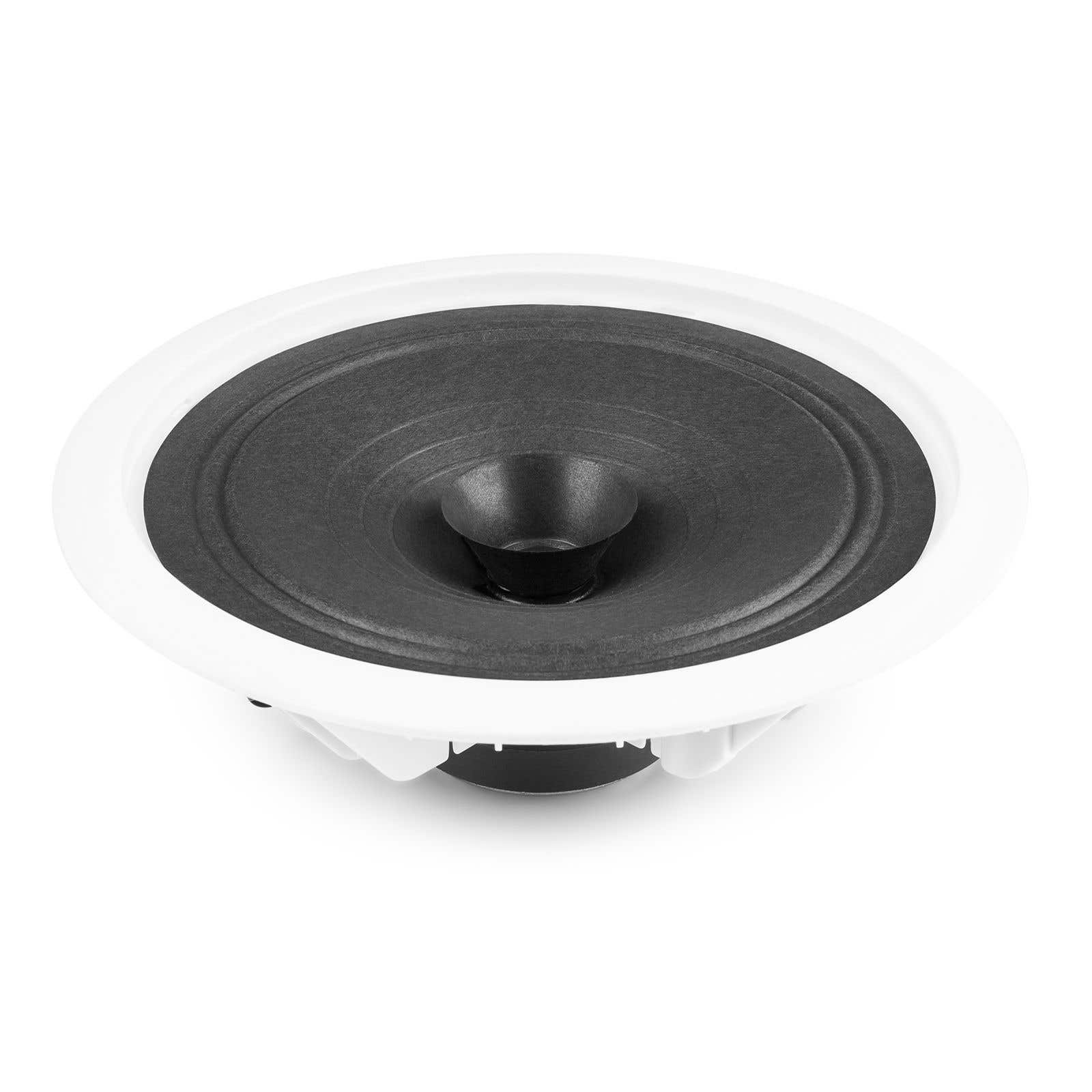 Primer plano de un altavoz. El altavoz es redondo con marco blanco y centro negro, sobre fondo blanco.