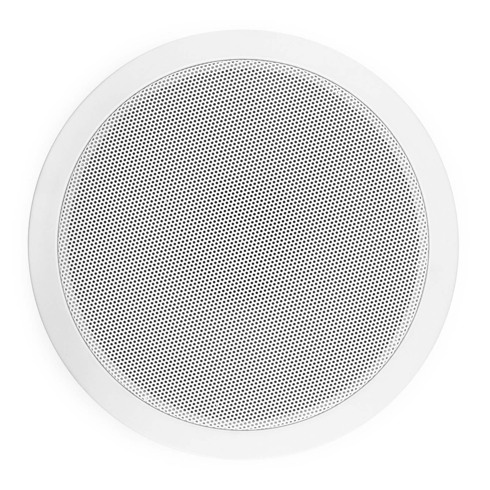 Un altavoz blanco y circular con una rejilla metálica perforada. Fondo blanco.