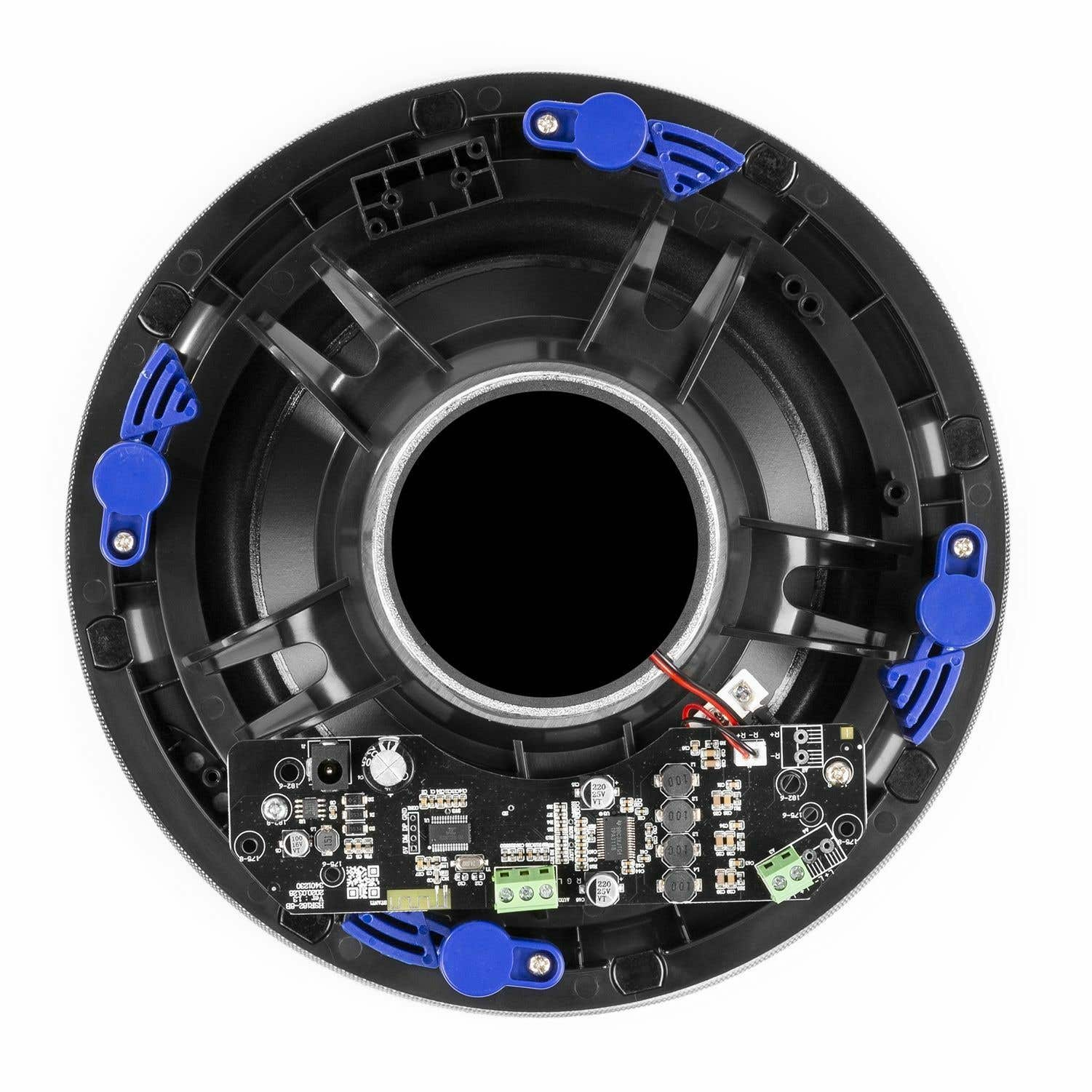 Vista interna de un altavoz. Marco negro con clips azules, un altavoz central y una placa de circuito con componentes.