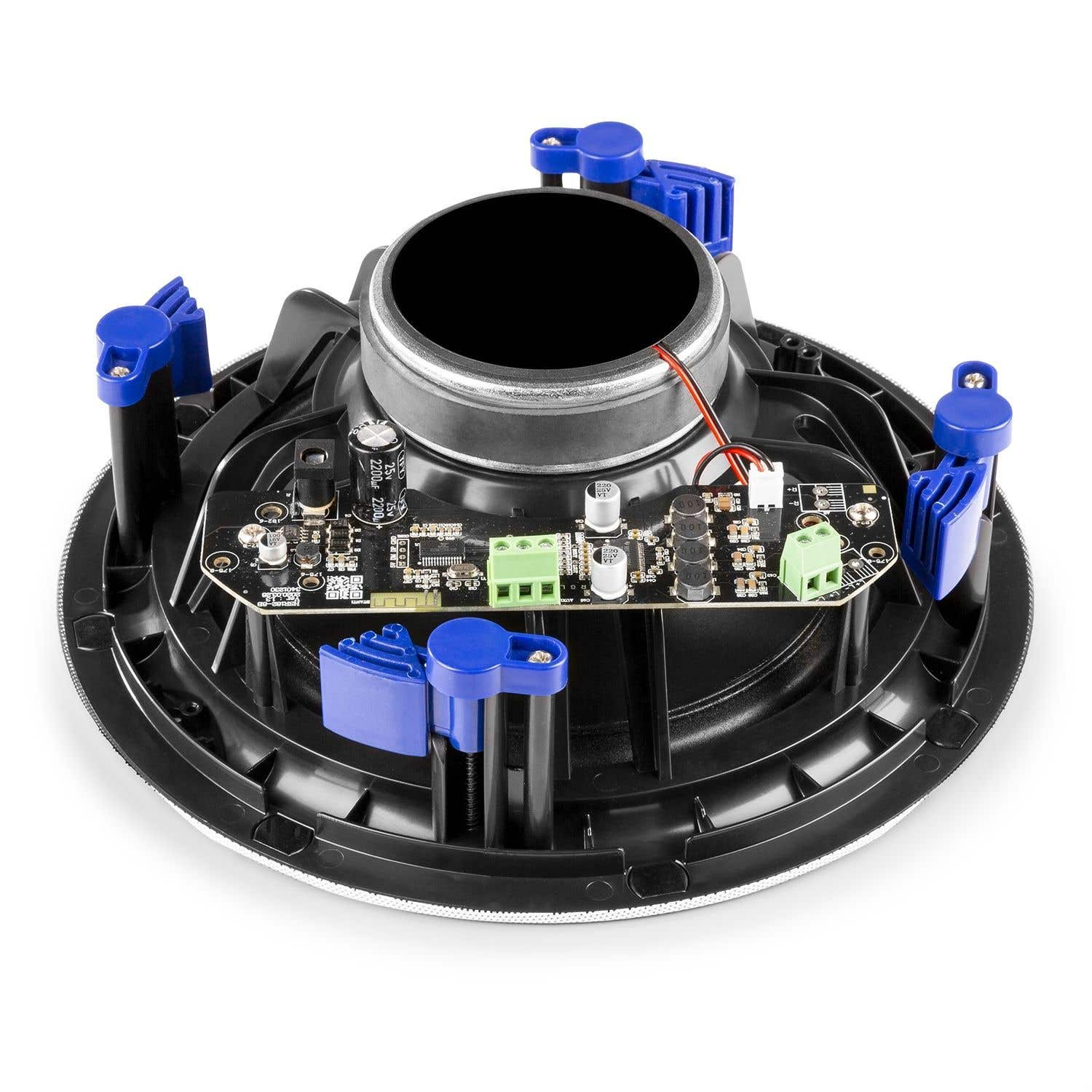 Un componente de altavoz de cara abierta. Tiene un altavoz central negro, una placa de circuito con conectores verdes y clips azules.