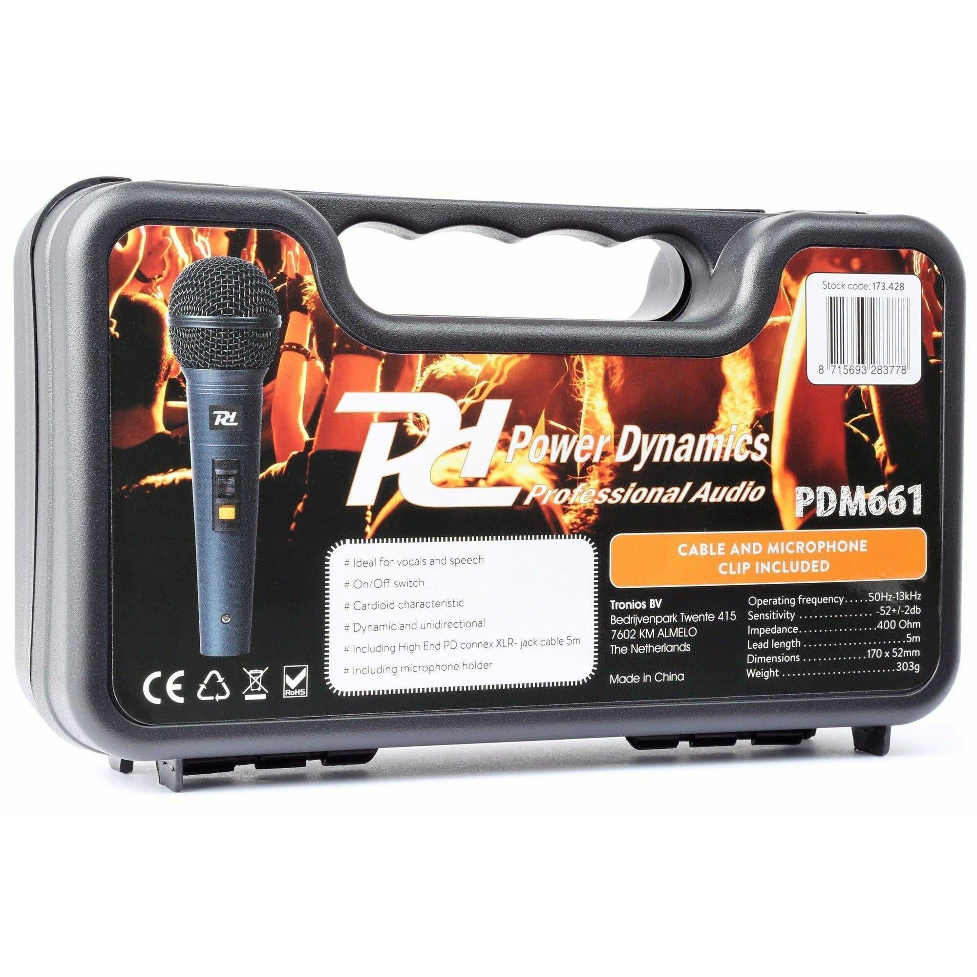 Mikrofon w walizce. Walizka ma uchwyt i grafikę koncertu. Tekst na walizce mówi Power Dynamics PDM661.