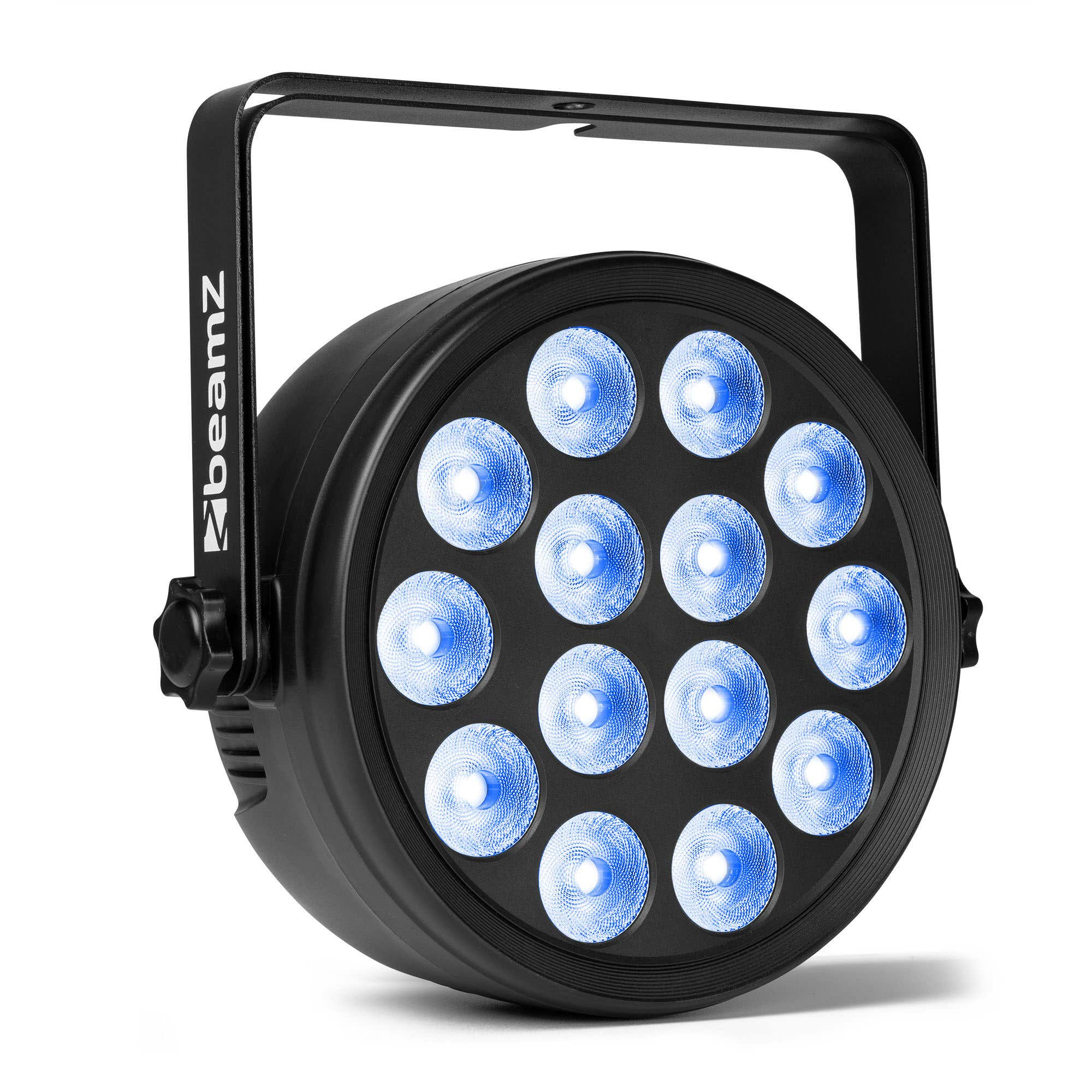 Un foco negro con LEDs azules. Tiene un asa y el logo Beamz. Los LEDs están dispuestos en círculo.