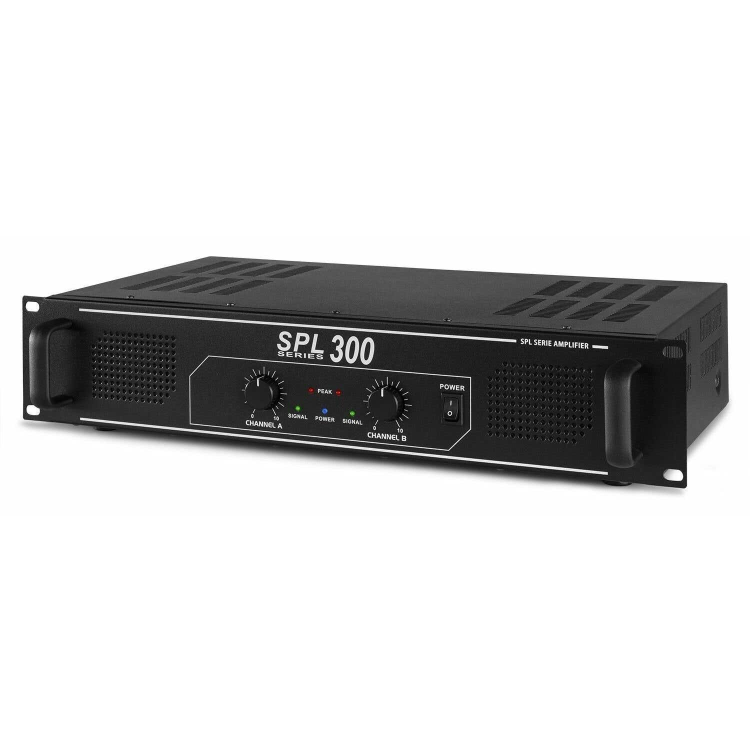 Schwarzer SPL 300 Series Verstärker. Er hat Drehregler, Lichter und Beschriftungen für die Kanäle A und B, Strom- und Signalindikatoren.