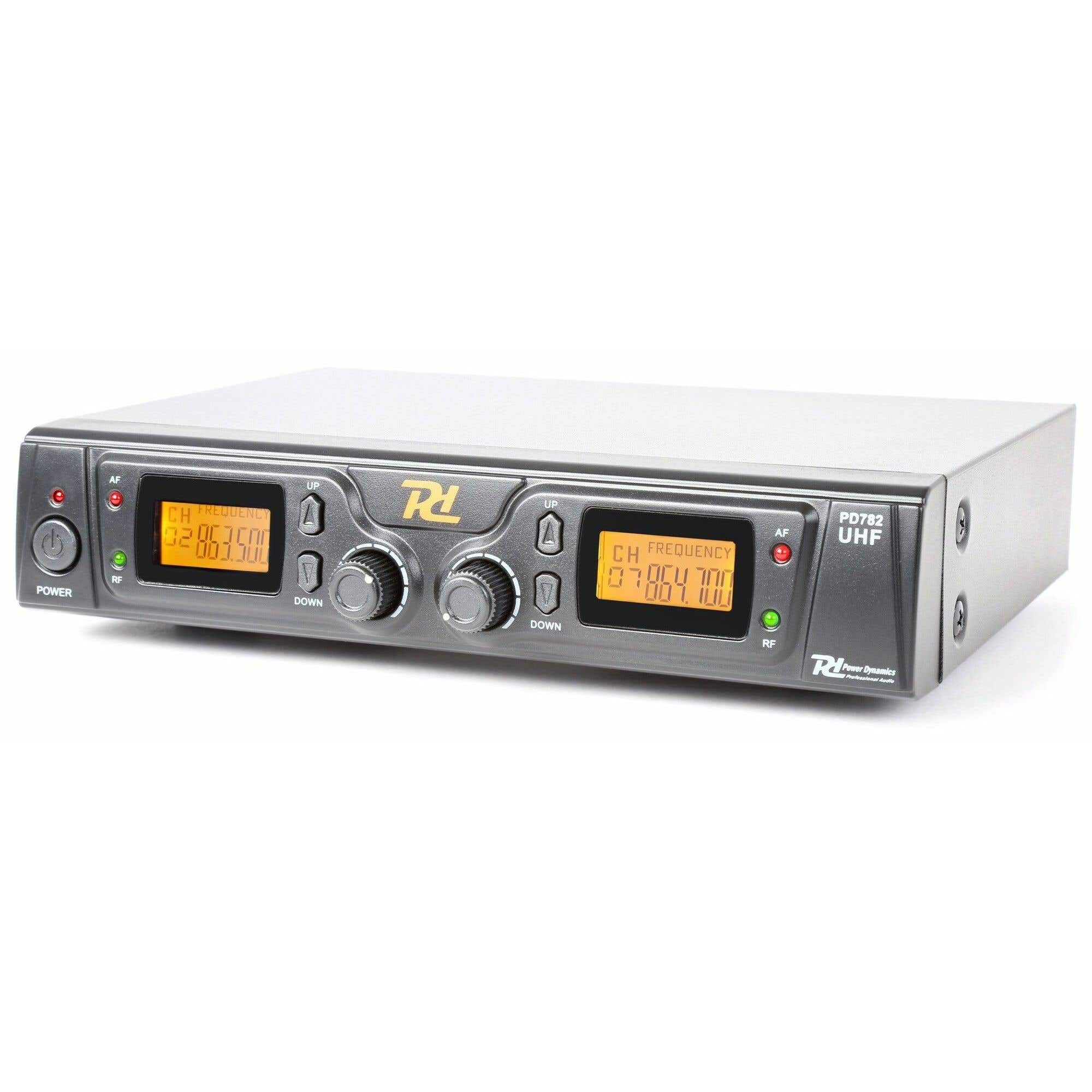 A gray PD782 UHF receiver. It has displays, knobs, buttons, and lights. The Power Dynamics logo is visible.