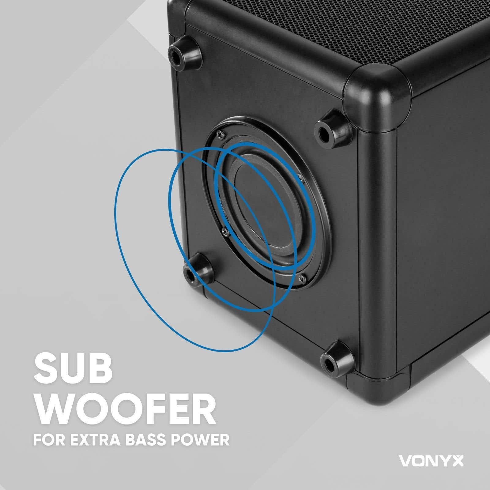 Subwoofer nero con altoparlante visibile. Linee blu circondano l'altoparlante. Testo: 'SUB WOOFER' e 'VONYX'.