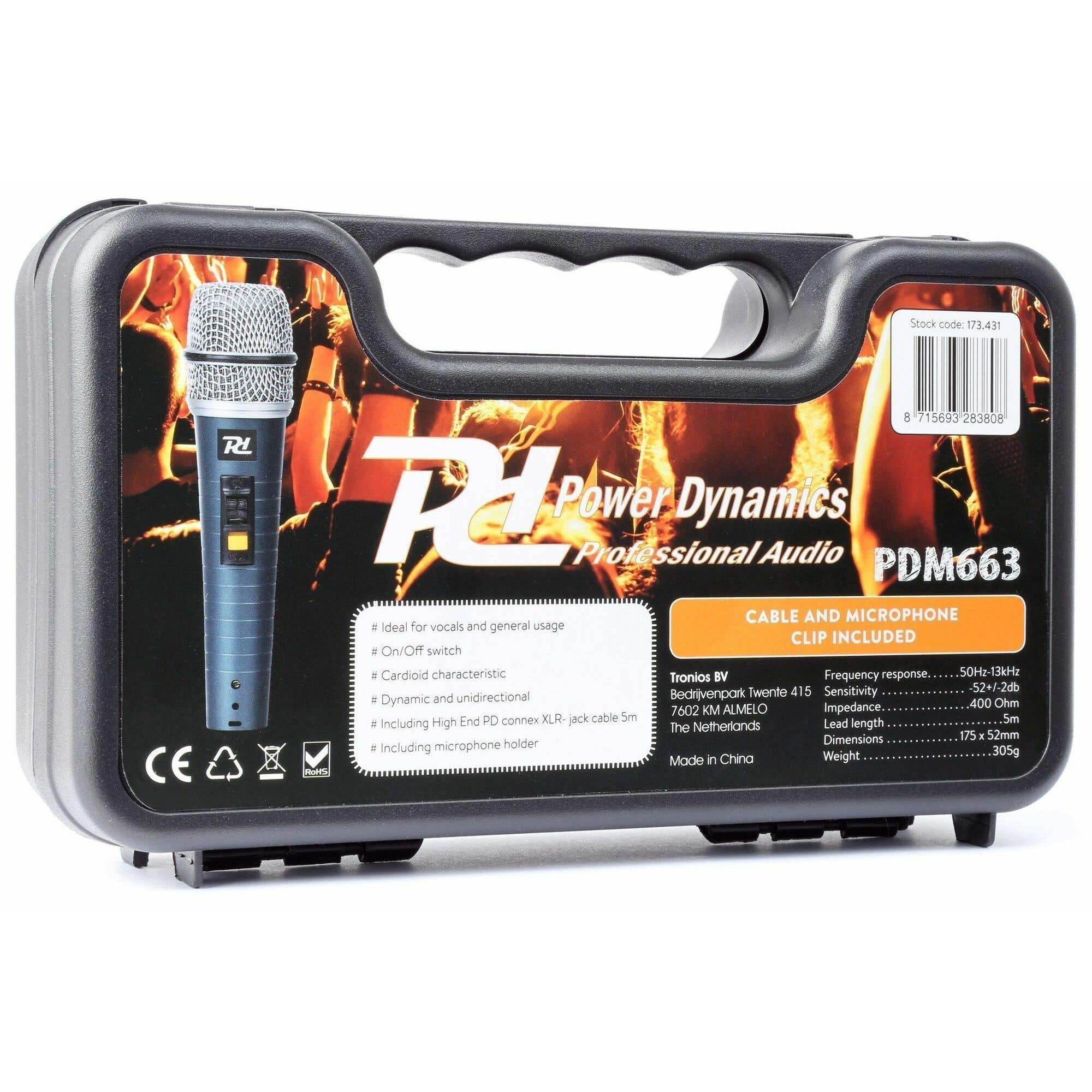 Czarne etui ze zdjęciem mikrofonu. Tekst brzmi 'Power Dynamics Professional Audio PDM663'. Zawiera specyfikacje i szczegóły.