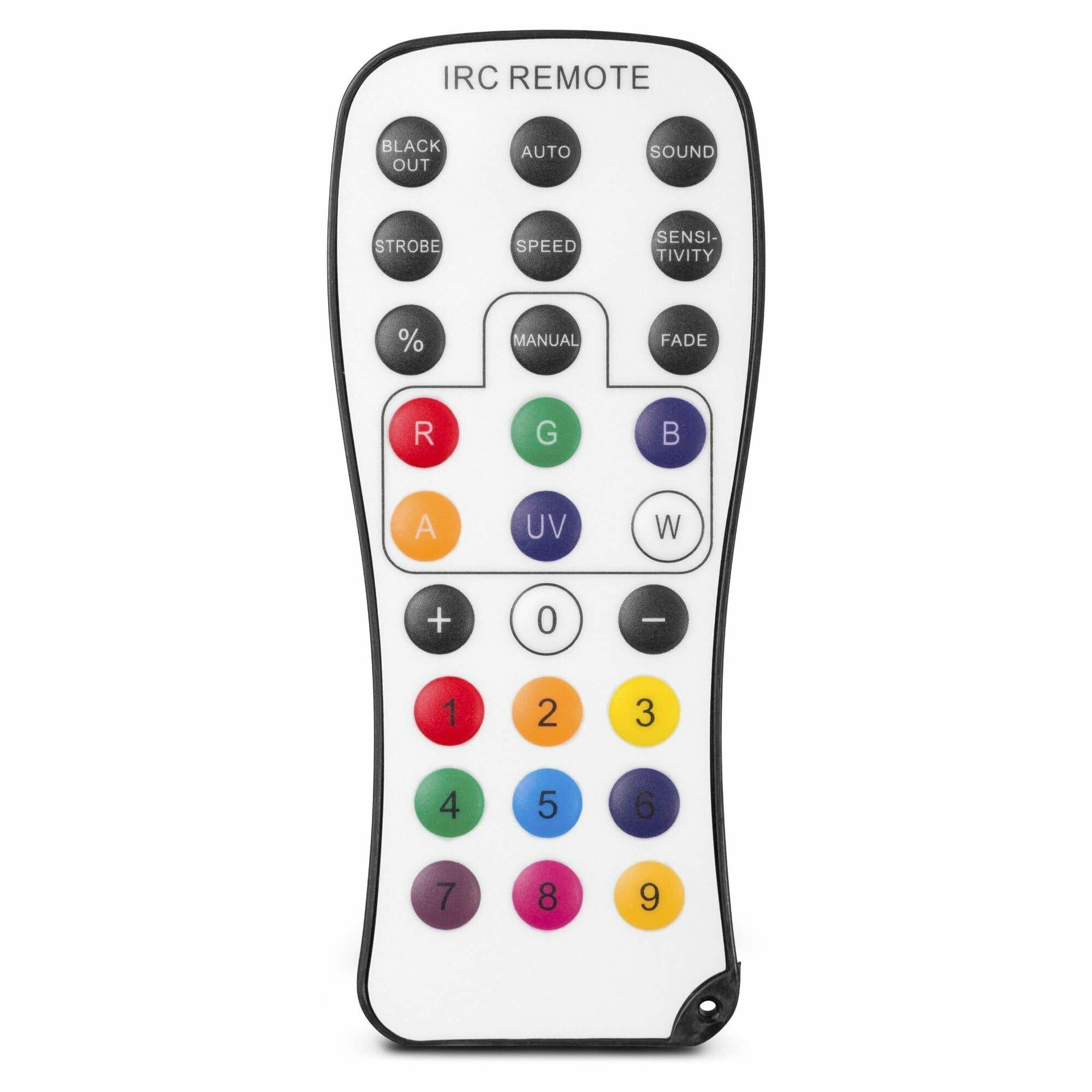 Mando a distancia IRC blanco con botones para funciones de luz y números 0-9. Borde y texto negros.