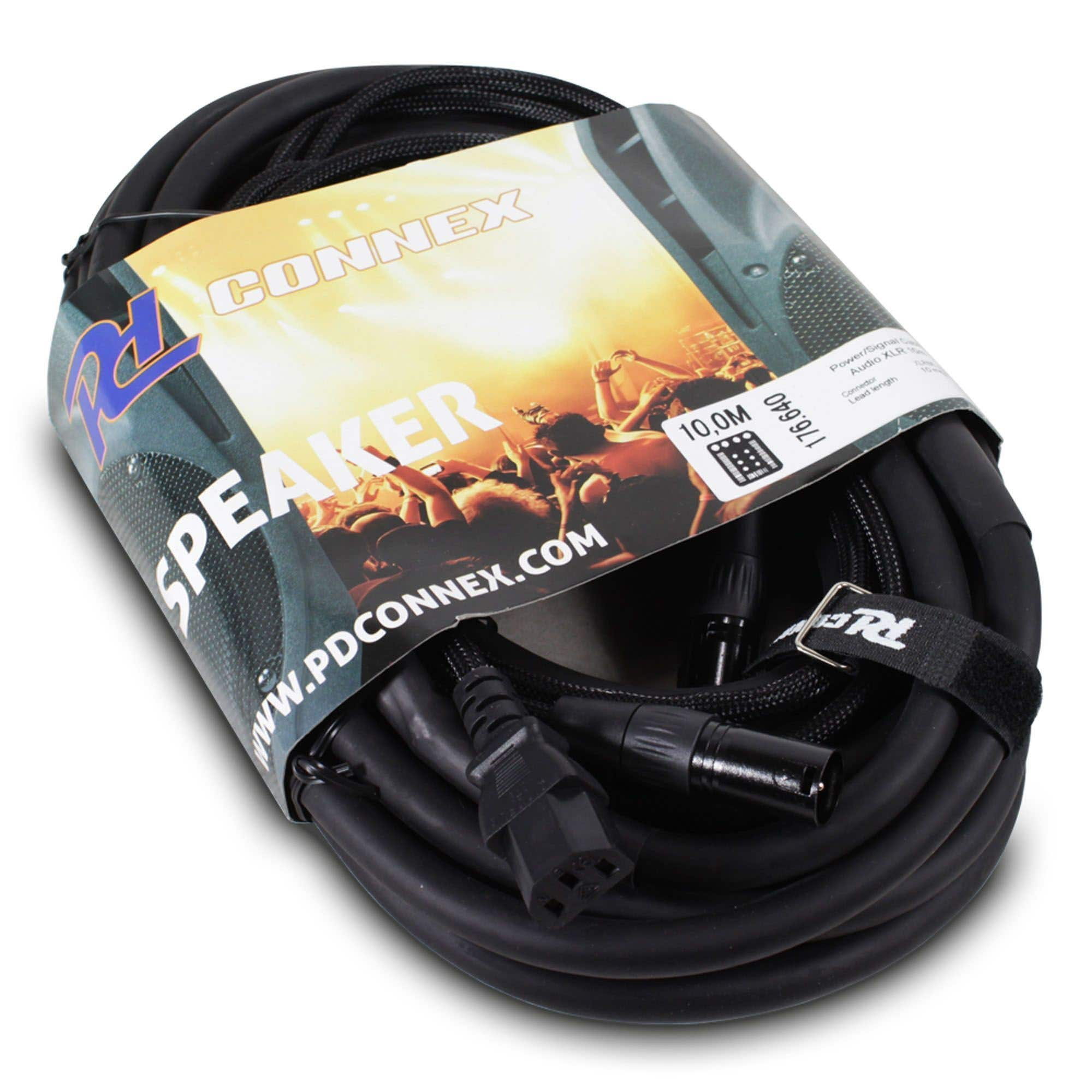 Cable de altavoz negro enrollado, con conectores y una etiqueta que dice 'CONNEX SPEAKER'.