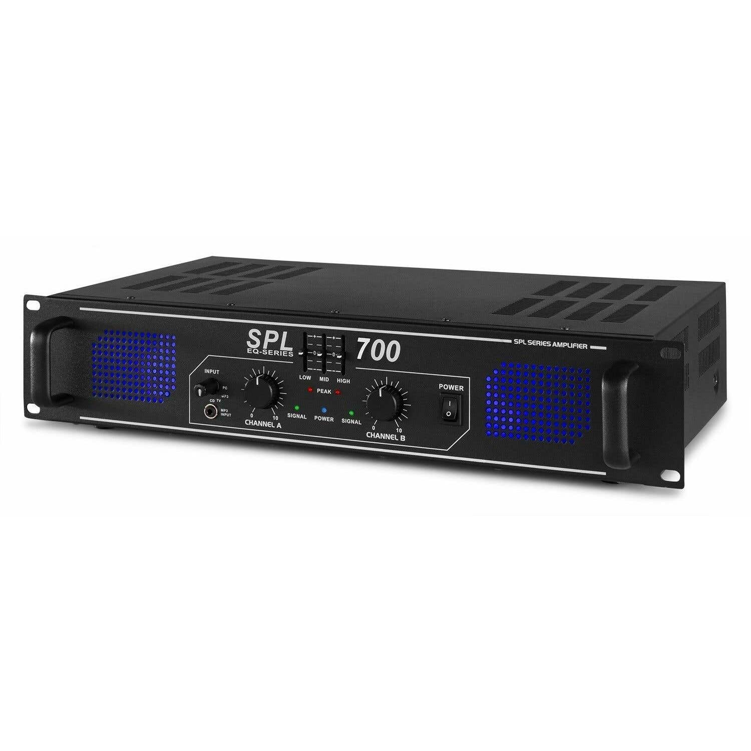 Ein schwarzer SPL EQ-Serie Verstärker, Modell 700. Er hat Drehregler für die Kanäle A und B, Signal- und Leistungsanzeigen und einen Ein-/Ausschalter.