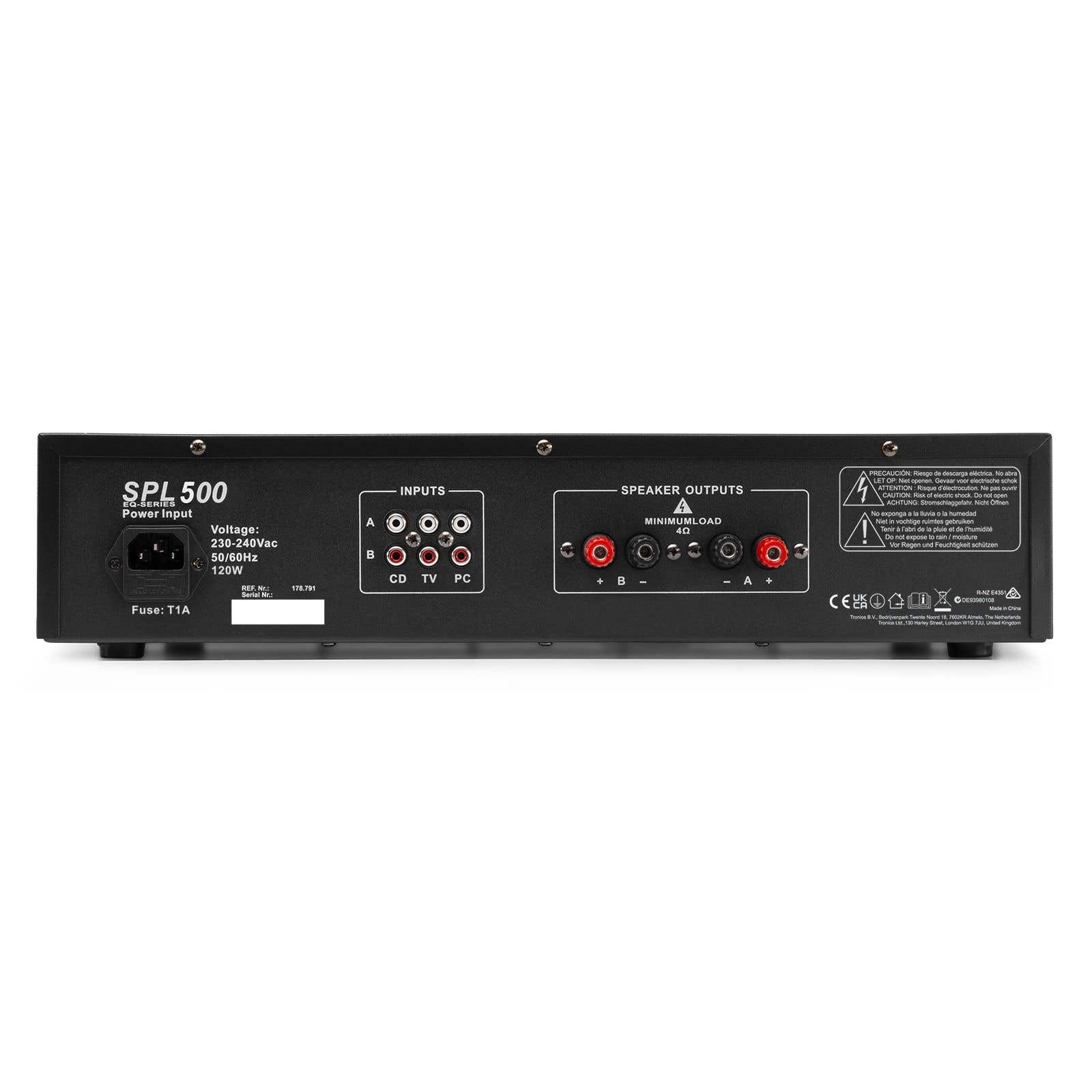 Schwarzes SPL 500 Netzteil-Rückwand. Es hat Eingänge, Ausgänge und Sicherheitshinweise. Es zeigt auch Spannung und Sicherungsinformationen.