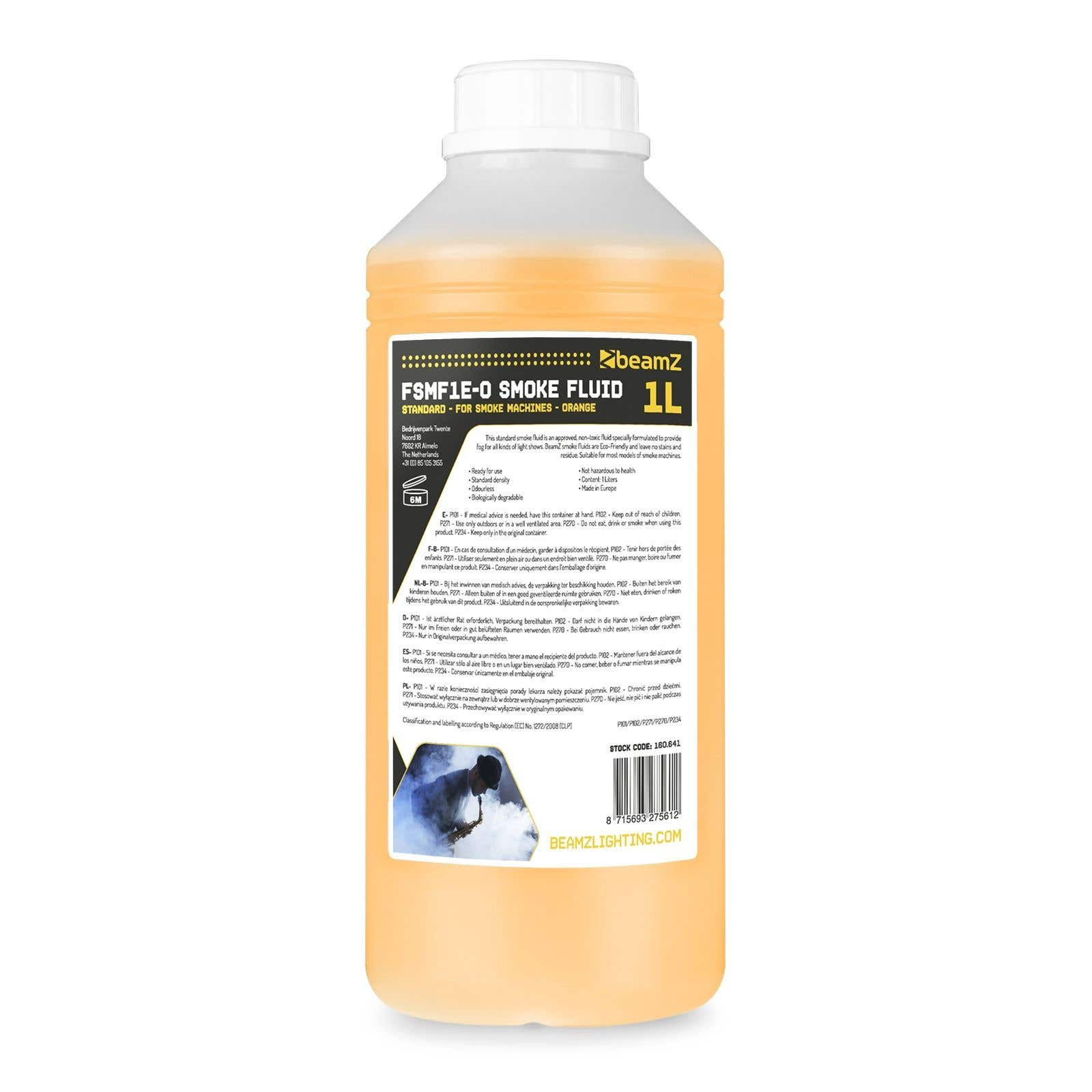 Botella naranja de líquido para humo con etiqueta negra y amarilla. El texto incluye 'Beamz' y '1L'. El fondo es blanco.