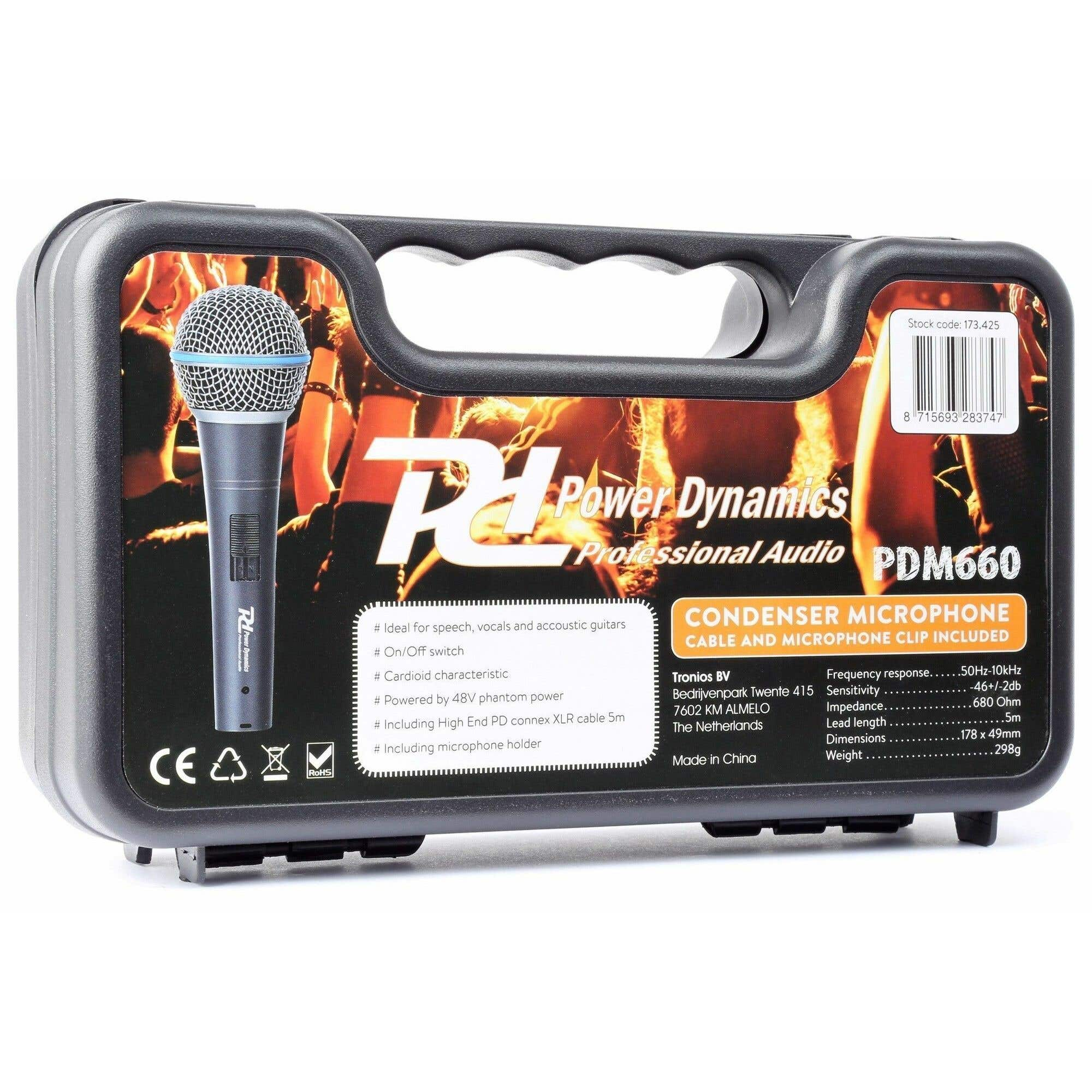 Czarna walizka zawierająca mikrofon z napisem Power Dynamics PDM660. Informacje o mikrofonie znajdują się na walizce.