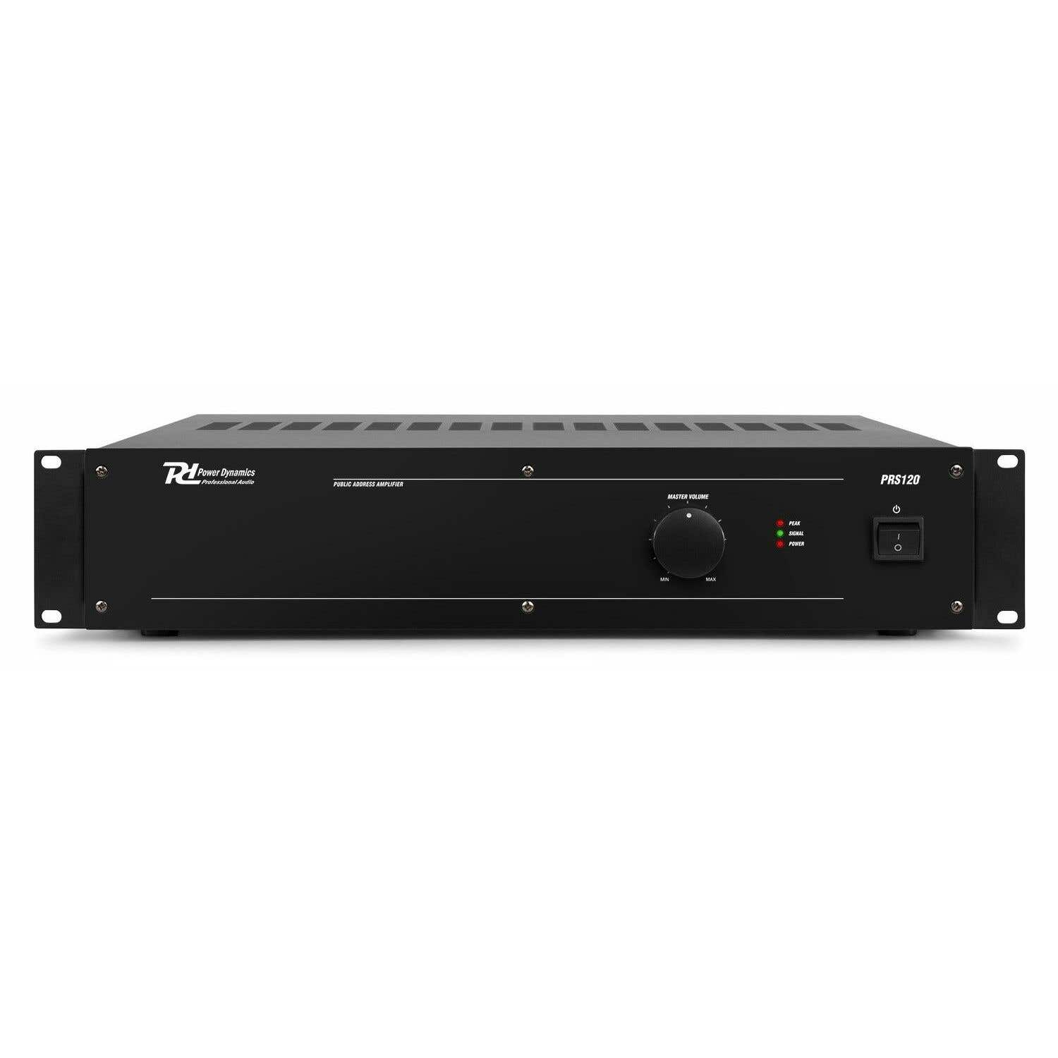 Amplificador de audio negro Power Dynamics. Cuenta con control de volumen, botón de encendido y luces de estado. Texto: 'Public Address Amplifier' y 'PRS120'.