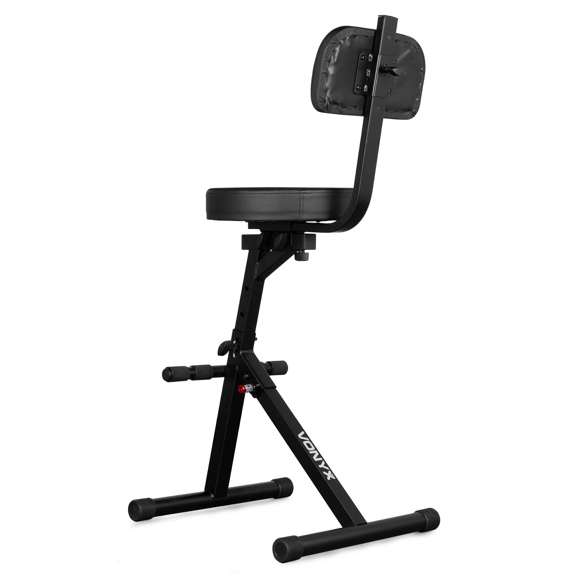 Una silla de música Vonyx negra con asiento y respaldo redondo. Se encuentra sobre un fondo blanco.