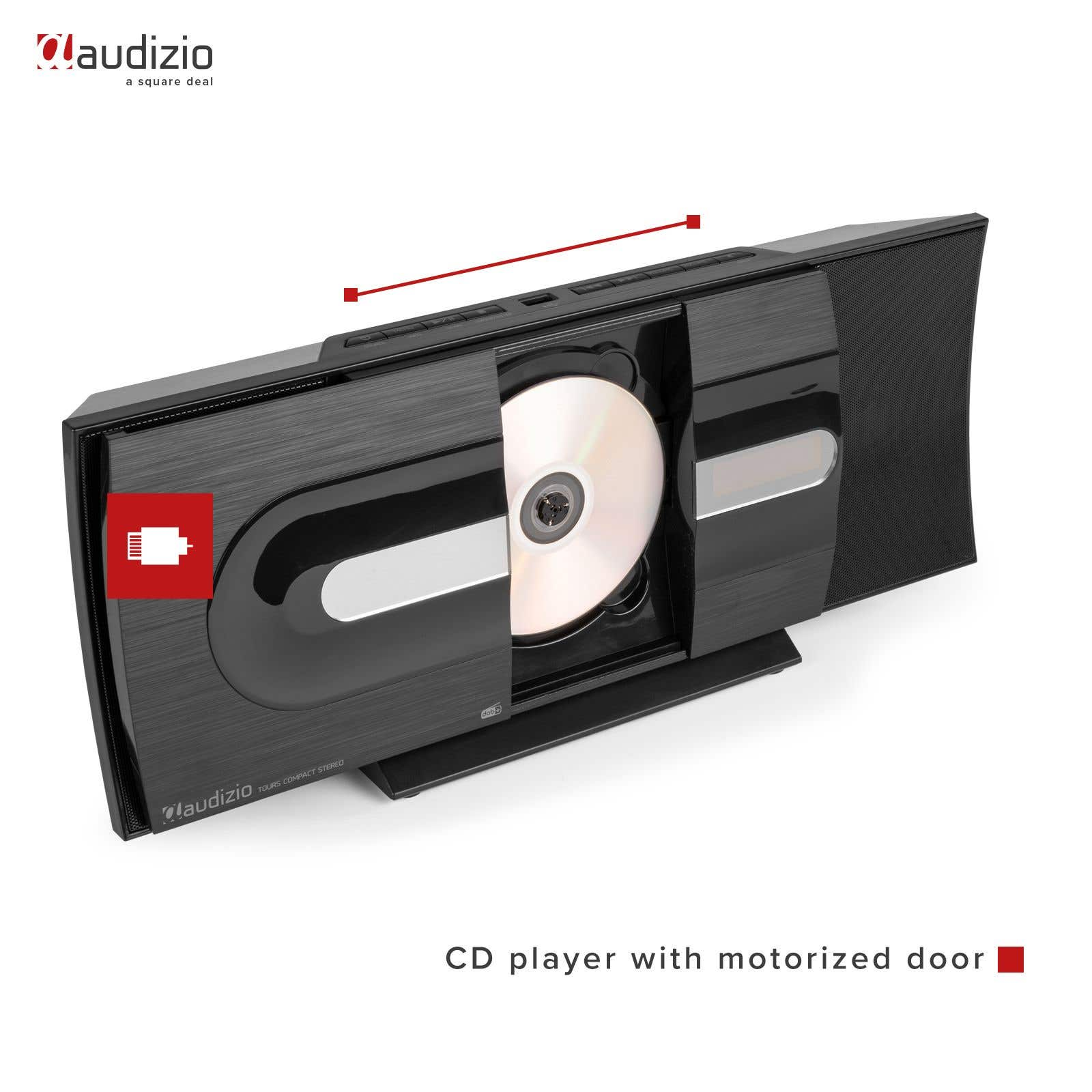 Reproductor de CD negro con puerta motorizada. Un CD está en el reproductor. La marca es visible.