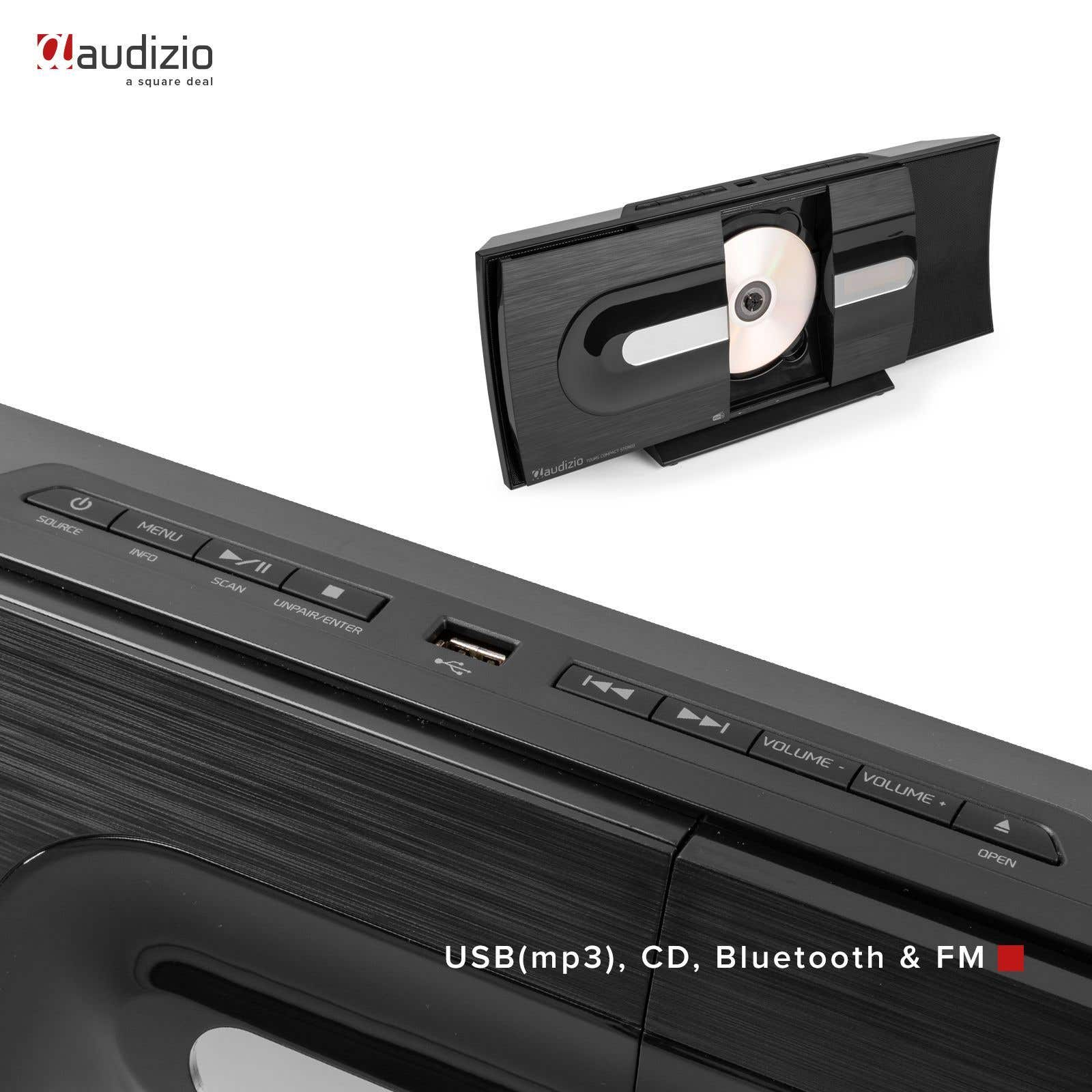 Dispositivo de audio negro con reproductor de CD, botones y puerto USB. Admite USB, CD, Bluetooth y radio FM.