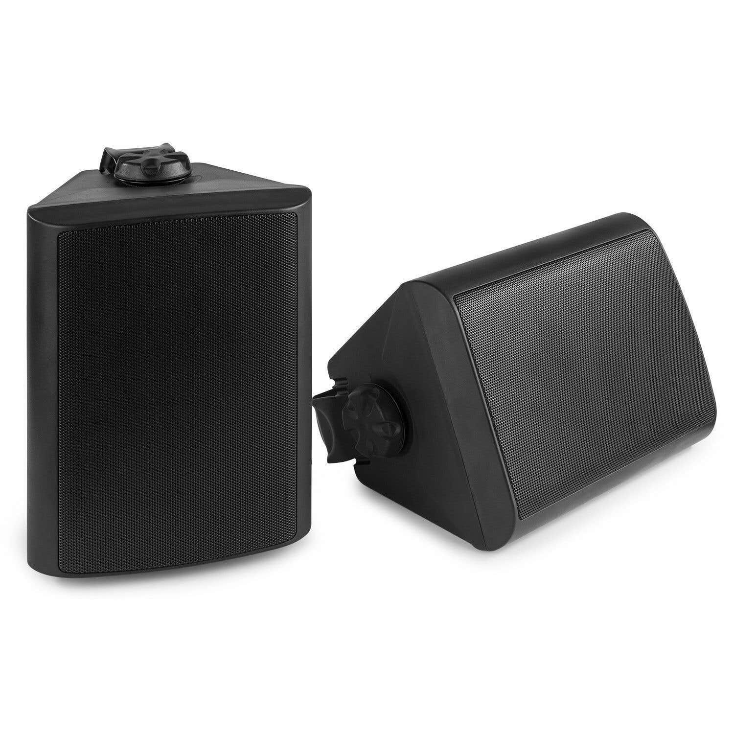 Dos altavoces negros triangulares sobre fondo blanco. Cada uno tiene una parte frontal de malla y una perilla superior para ajustar.