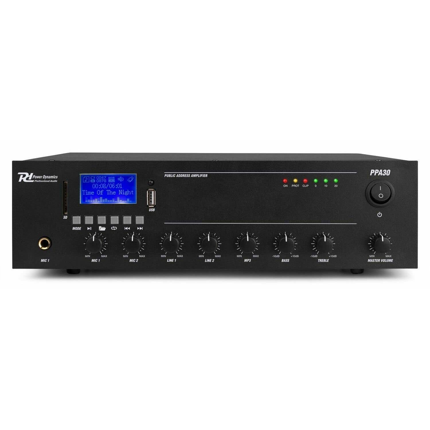 Amplificador de audio negro con pantalla azul que muestra detalles de la canción. Tiene perillas, botones y un botón de encendido en el panel frontal.