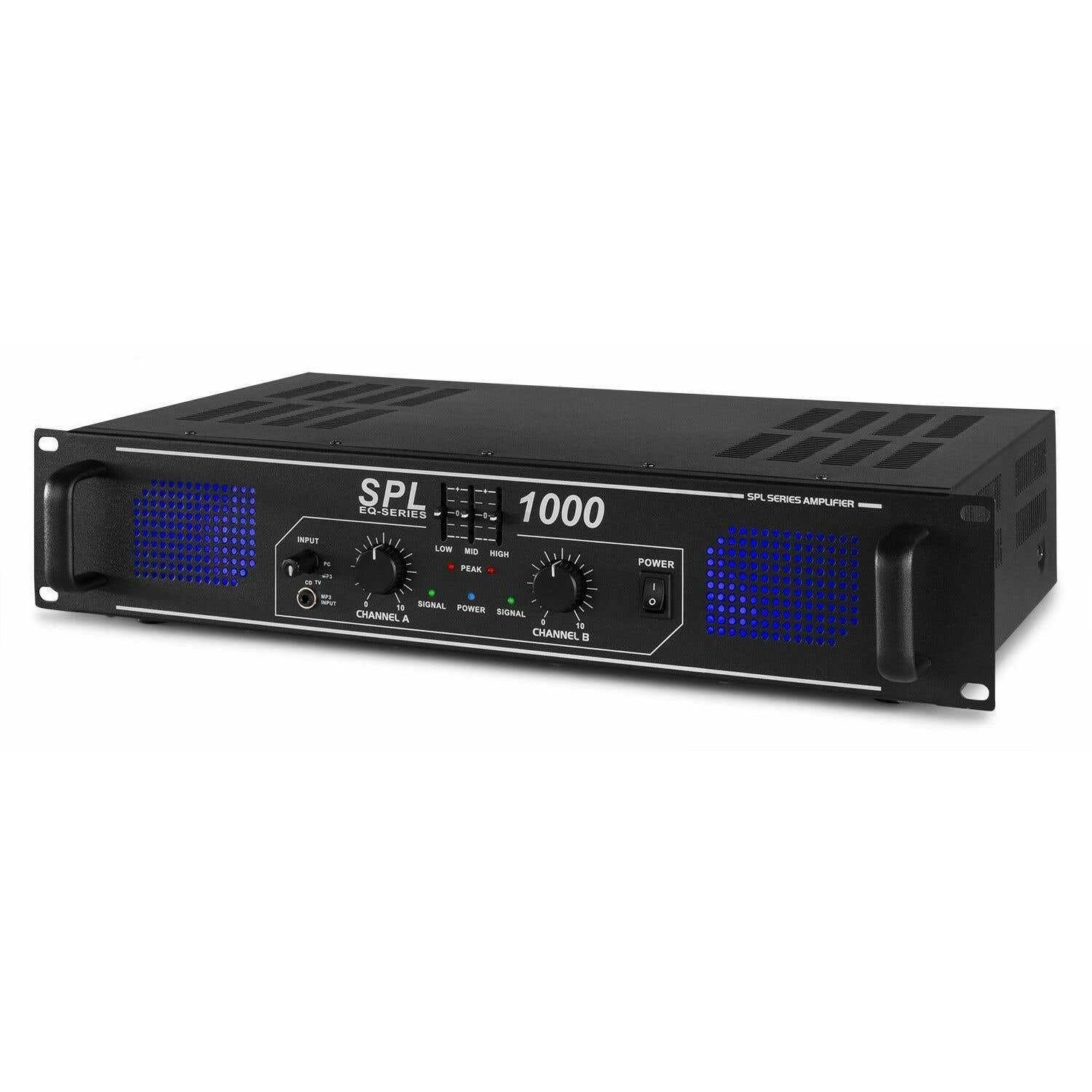 Schwarzer SPL EQ-Serie 1000 Verstärker mit blauen Lichtern, Knöpfen und Ein-/Ausschalter. Hat Eingang, Kanal A & B und Signalanzeigen.
