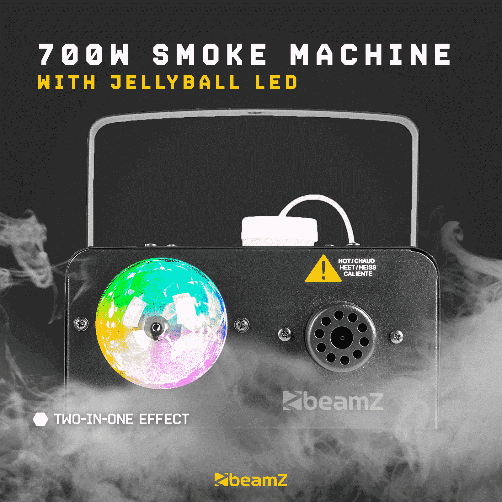 Una máquina de humo de 700W con un LED Jellyball, que emite luces de colores. La máquina tiene una etiqueta de advertencia y el logo Beamz.
