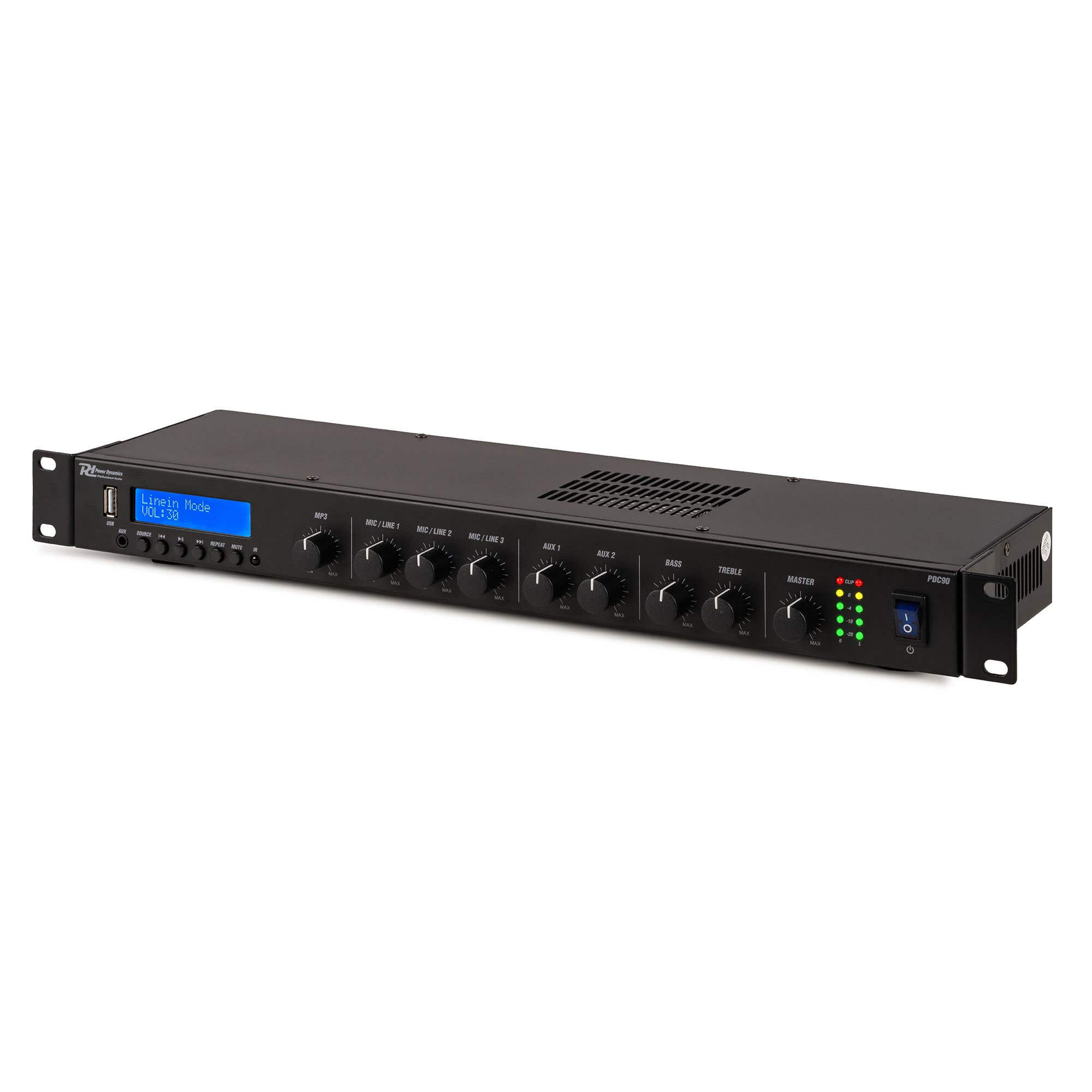 Una mesa de mezclas de audio negra con perillas, botones y una pantalla. Incluye USB, AUX y entradas de línea, con un interruptor de encendido.