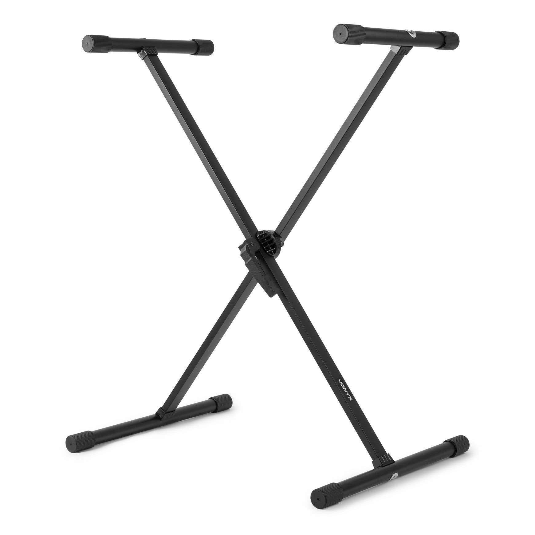 Un soporte de teclado negro en forma de X sobre un fondo blanco. Tiene altura ajustable y un logotipo de Vonyx.